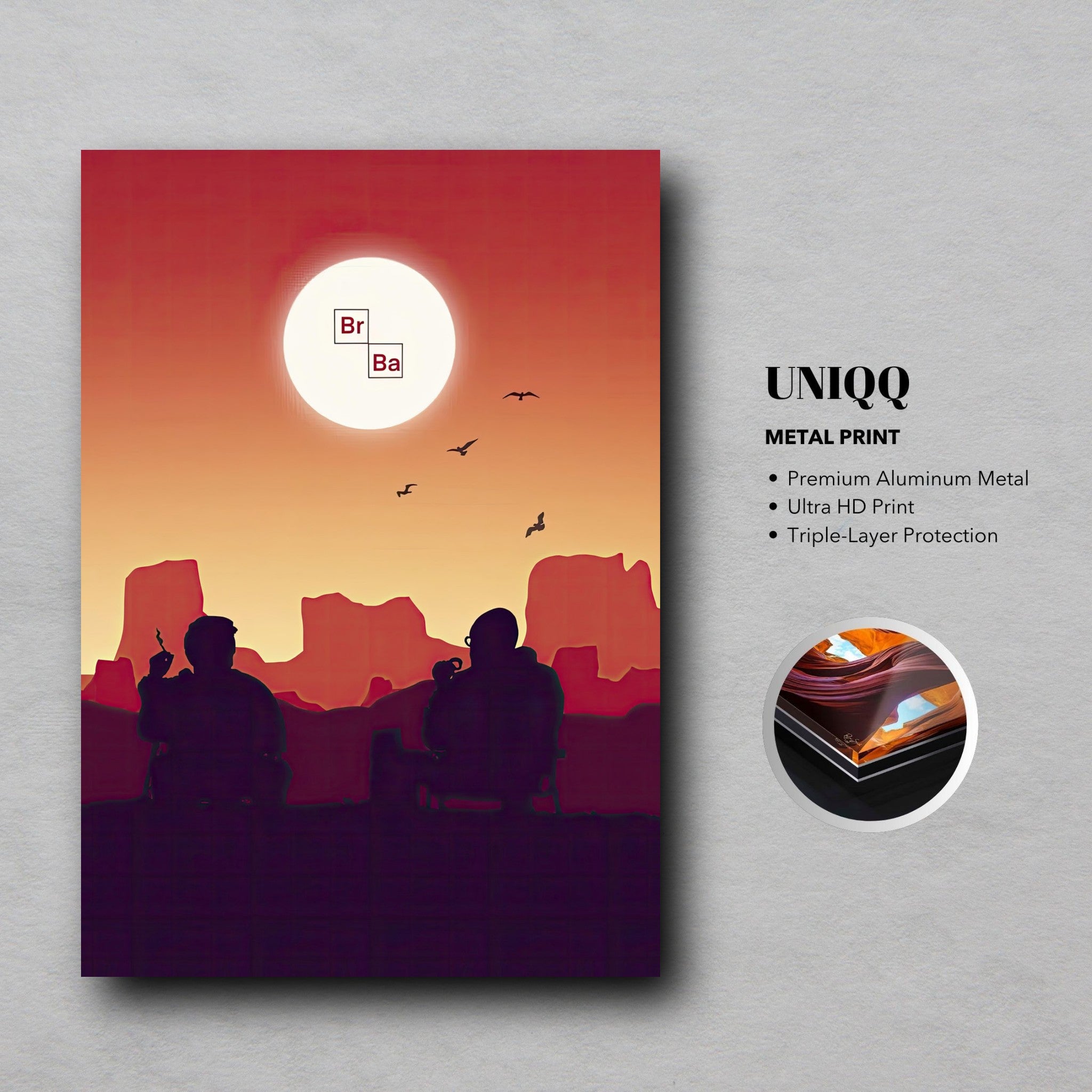 Sunset Breaking Bad metal poster featuring an iconic desert scene with silhouetted figures against a vibrant sunset.