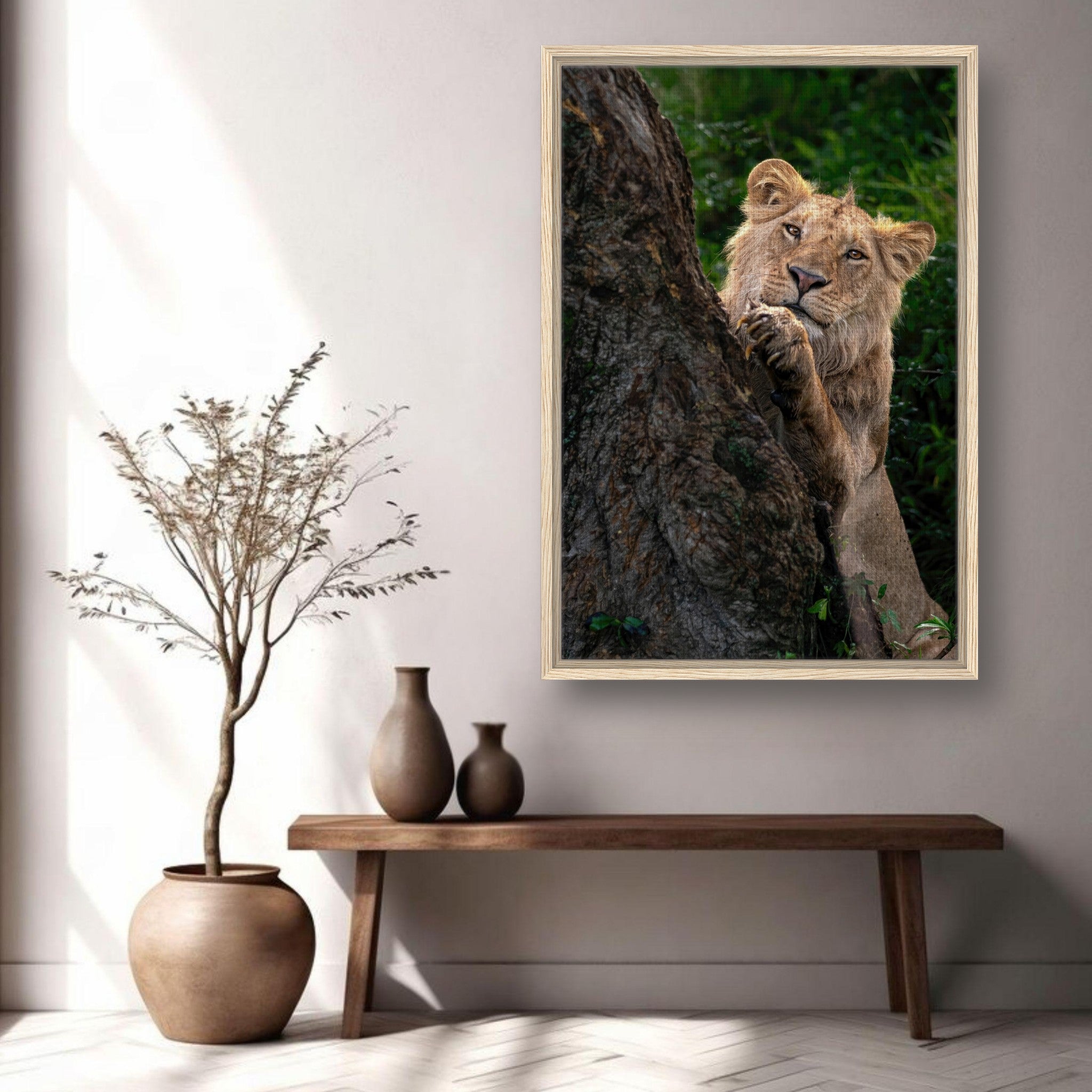Playful lion framed canvas print peeking from a tree, enhancing your space with wild charm and vibrant colors.