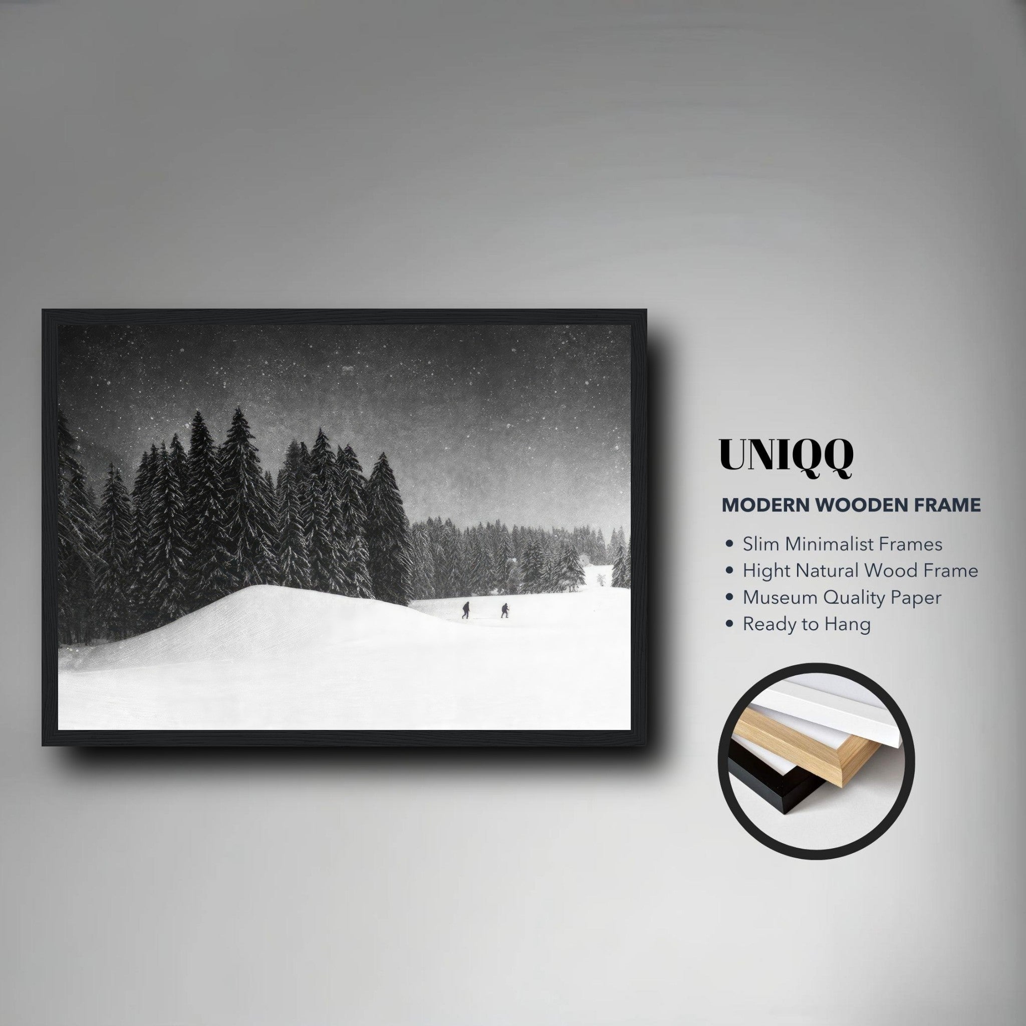 Winter Crossing framed print featuring a snow-covered forest with towering evergreens in black-and-white photography.