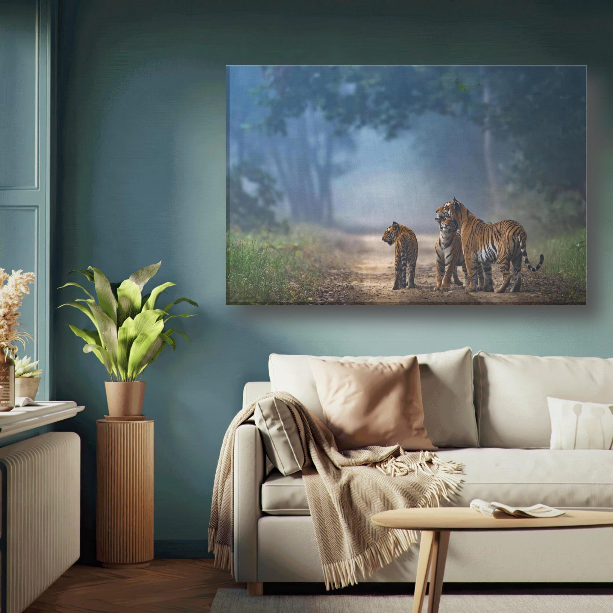 Majestic tigers in a misty forest on canvas, symbolizing strength and unity in nature.