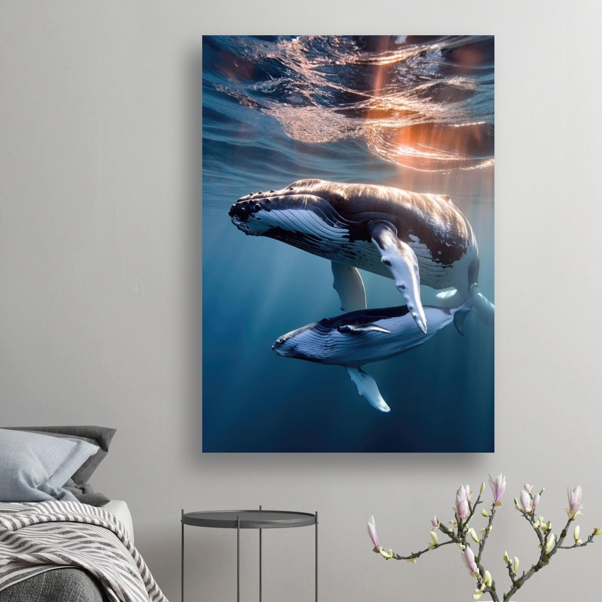 Underwater photography poster of a mother humpback whale and calf swimming in deep blue water.