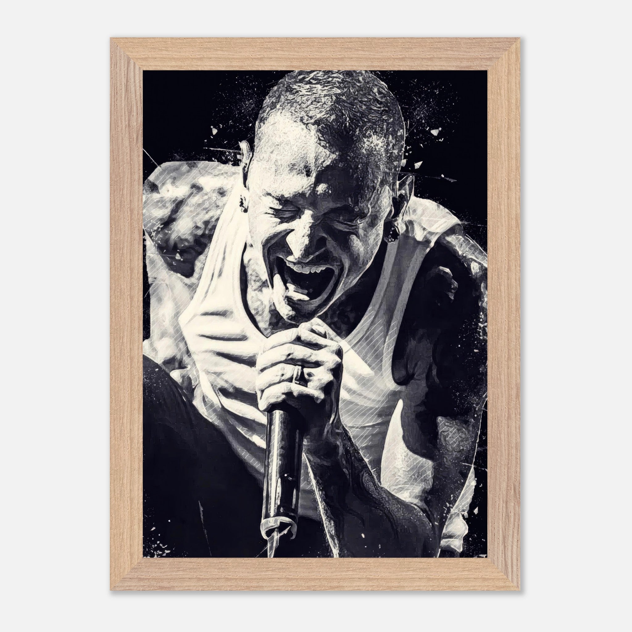 Chester Bennington vintage framed print showcasing intense performance by the Linkin Park frontman.