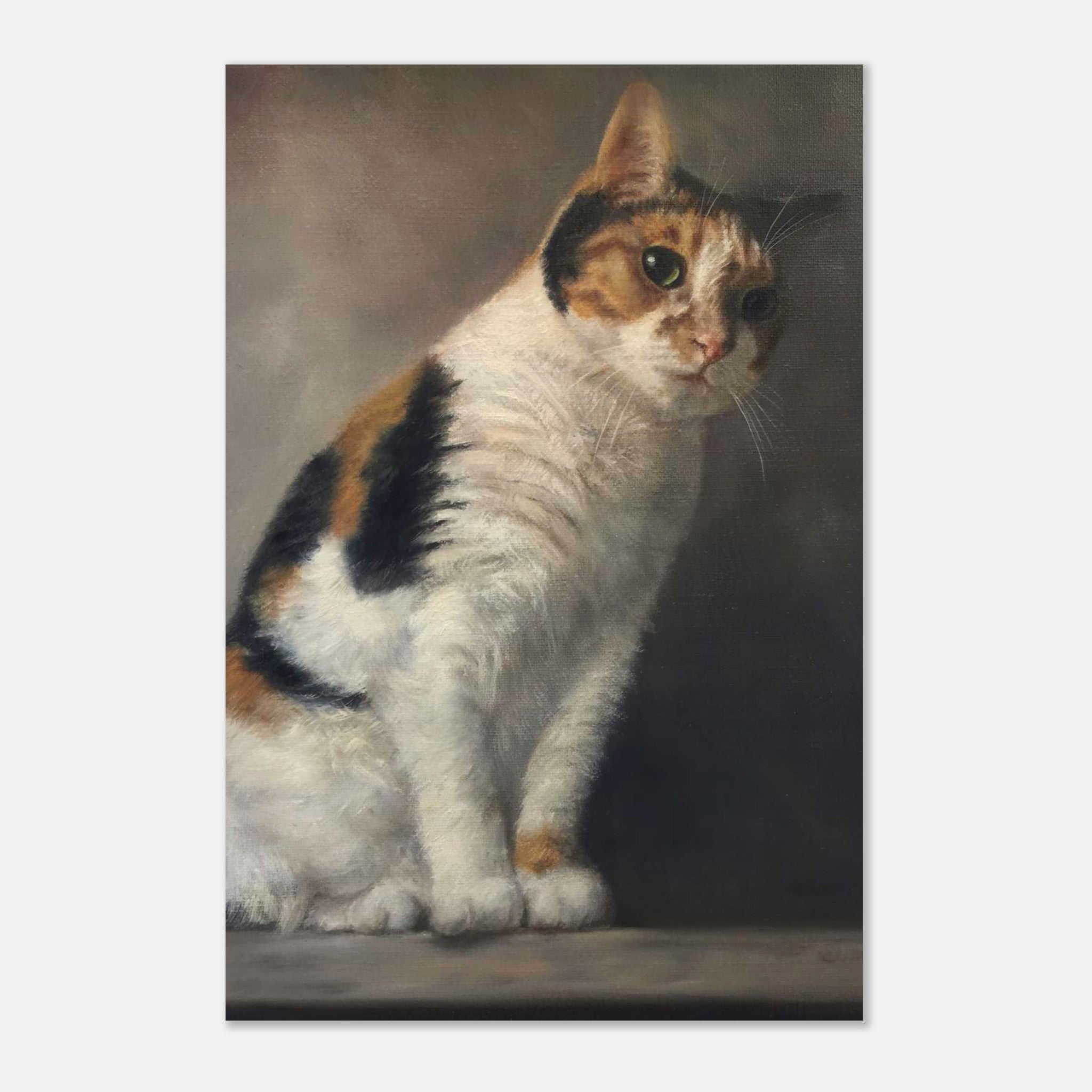 Realistic cat portrait painting metal print featuring a calico cat with expressive eyes and detailed fur.