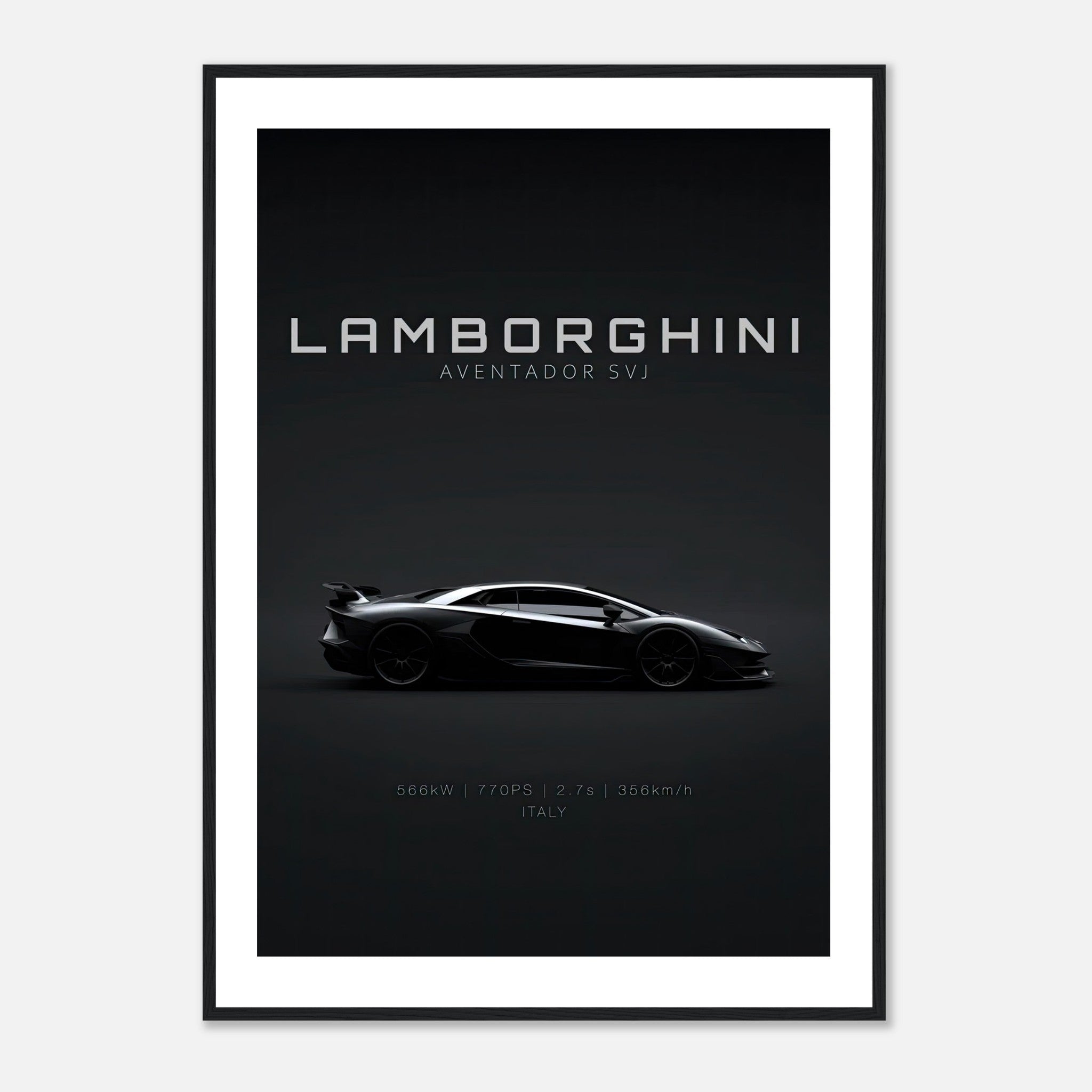Lamborghini Aventador SVJ framed poster showcasing its sleek design and specifications, perfect for car enthusiasts.