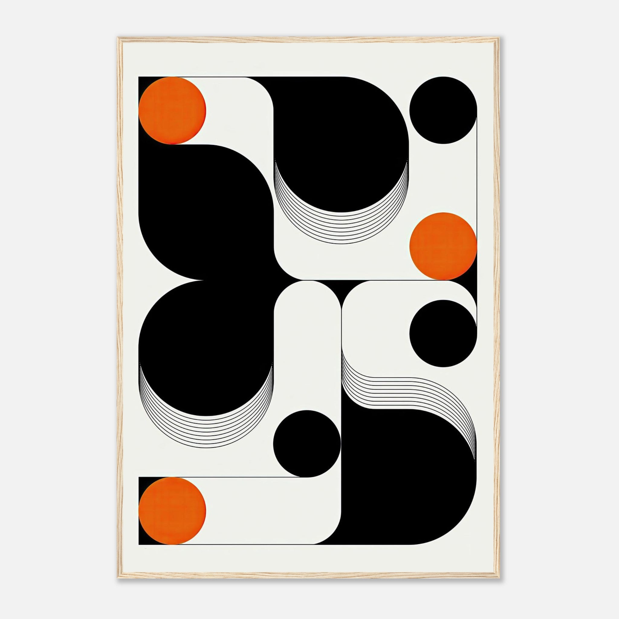 Modern geometric abstract art print featuring bold black, white, and orange shapes in a contemporary frame.
