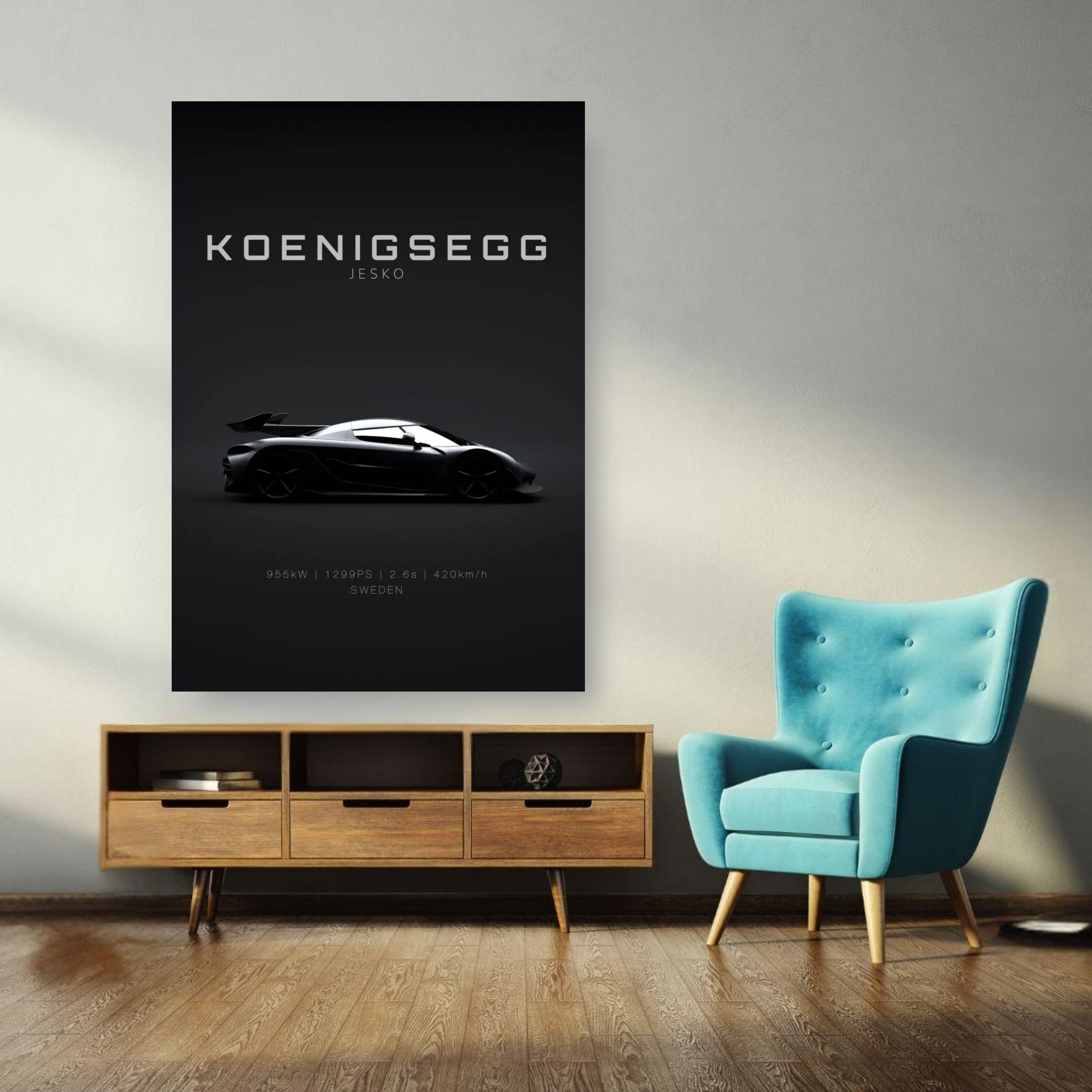 Koenigsegg Jesko poster showcasing the hypercar's silhouette on a minimalist black background in a stylish interior setting.