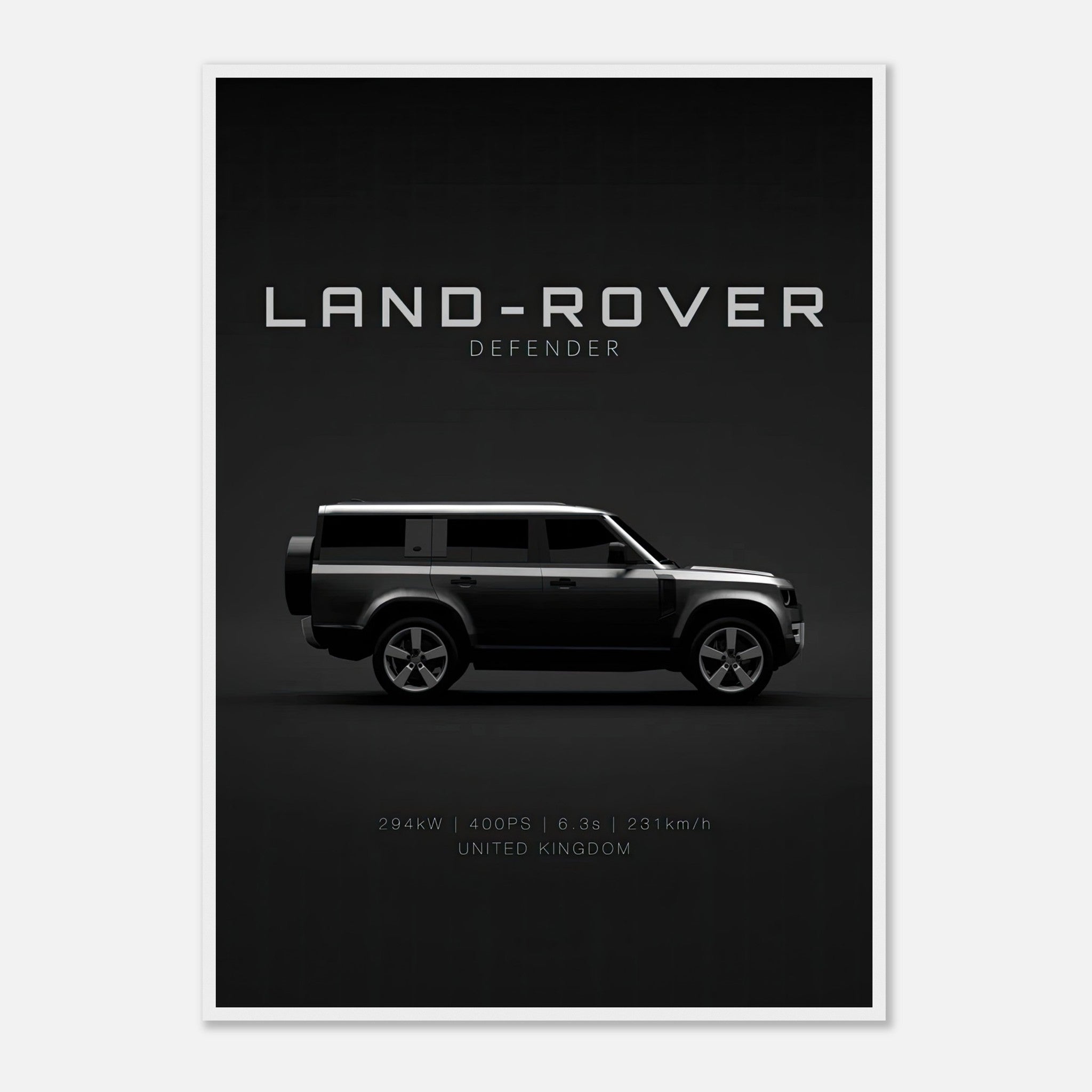 Framed print of a Land Rover Defender showcasing its sleek side profile and specifications against a dark background.