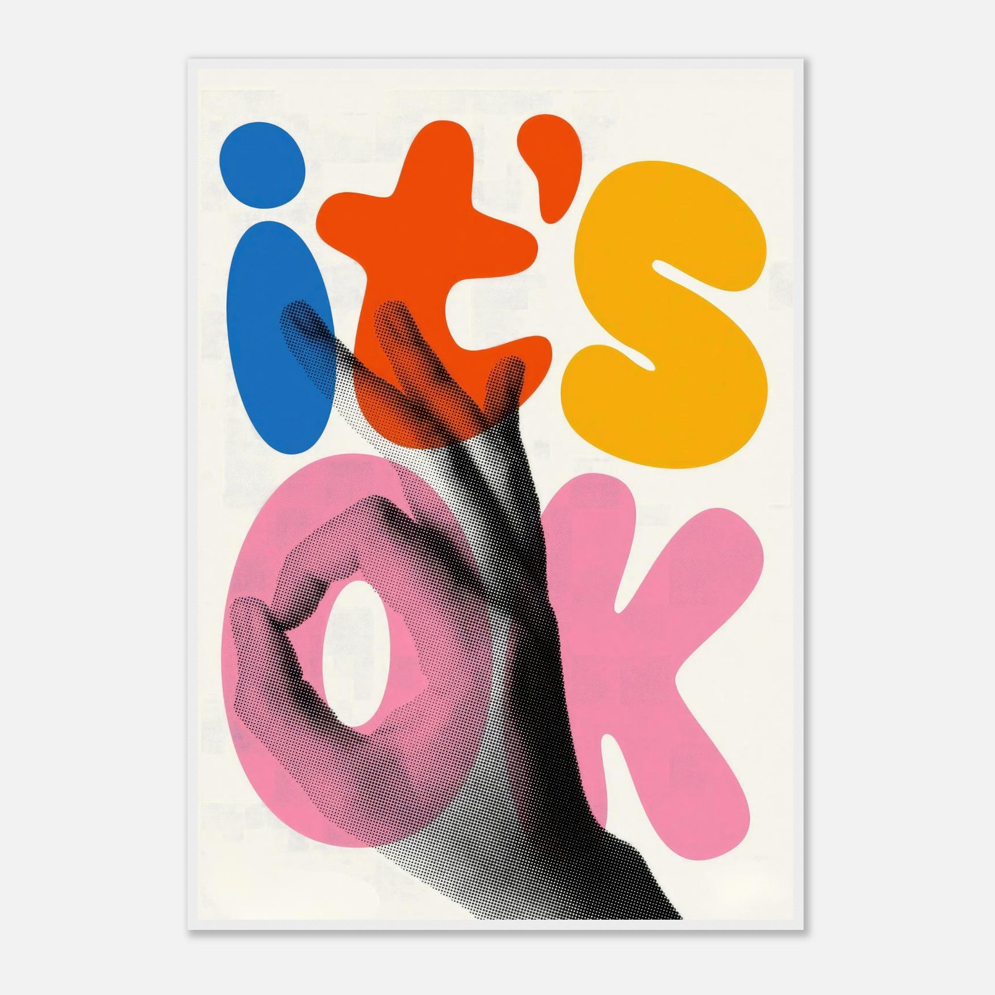 Retro abstract pop art framed print with bold colors and hand gesture saying 'It's OK'.