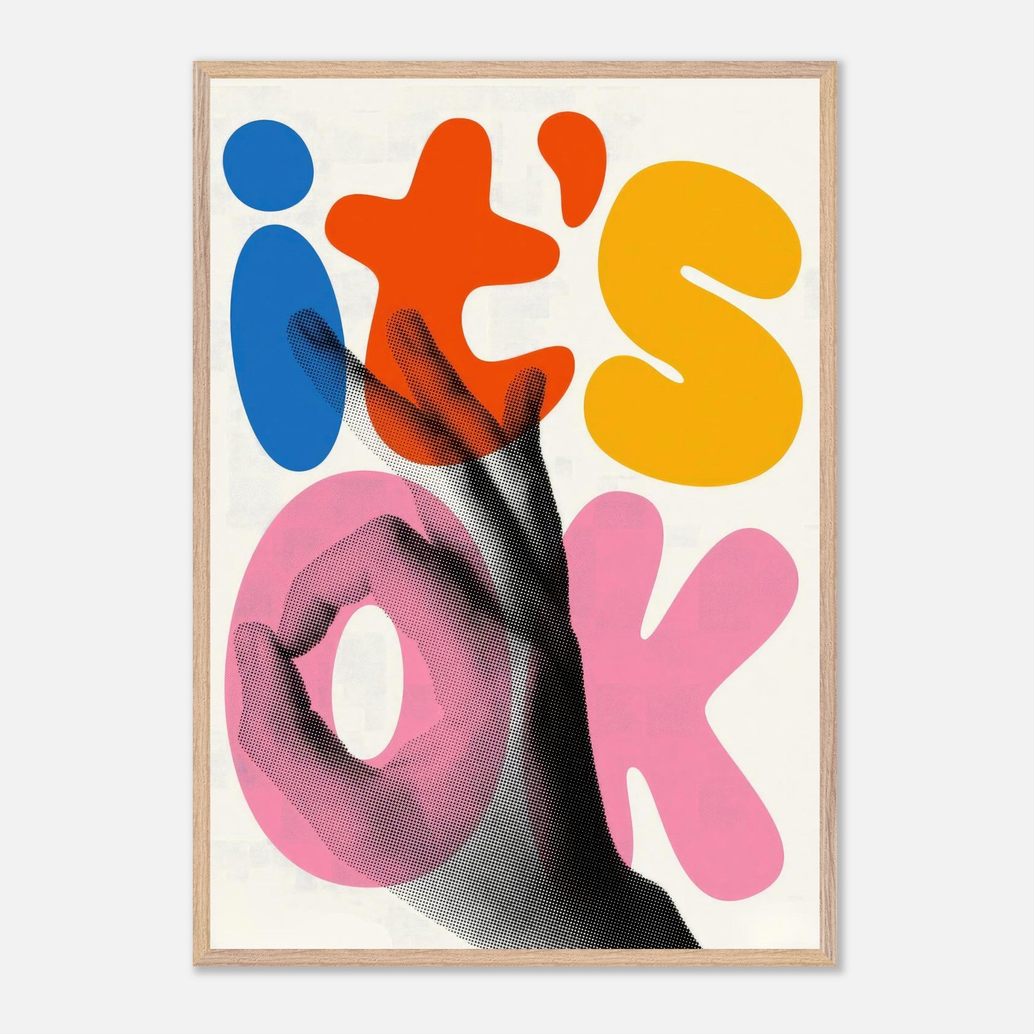 Retro abstract pop art print featuring a hand gesture and vibrant typography in blue, orange, and pink hues.