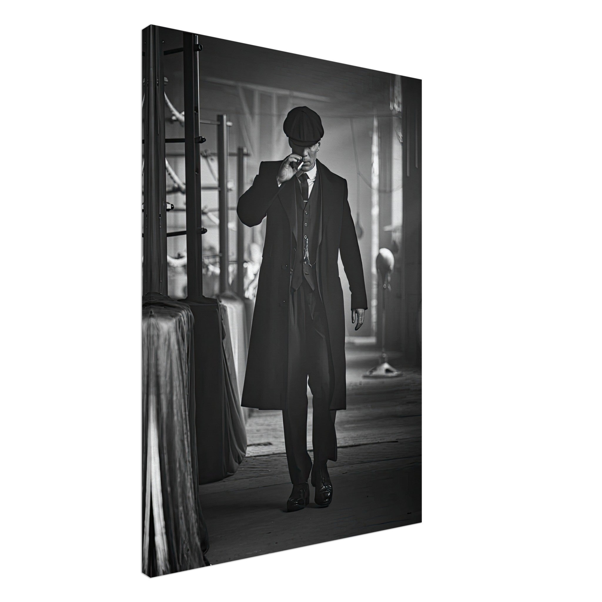 Tommy Shelby canvas art from Peaky Blinders, showcasing his iconic style in striking black and white.