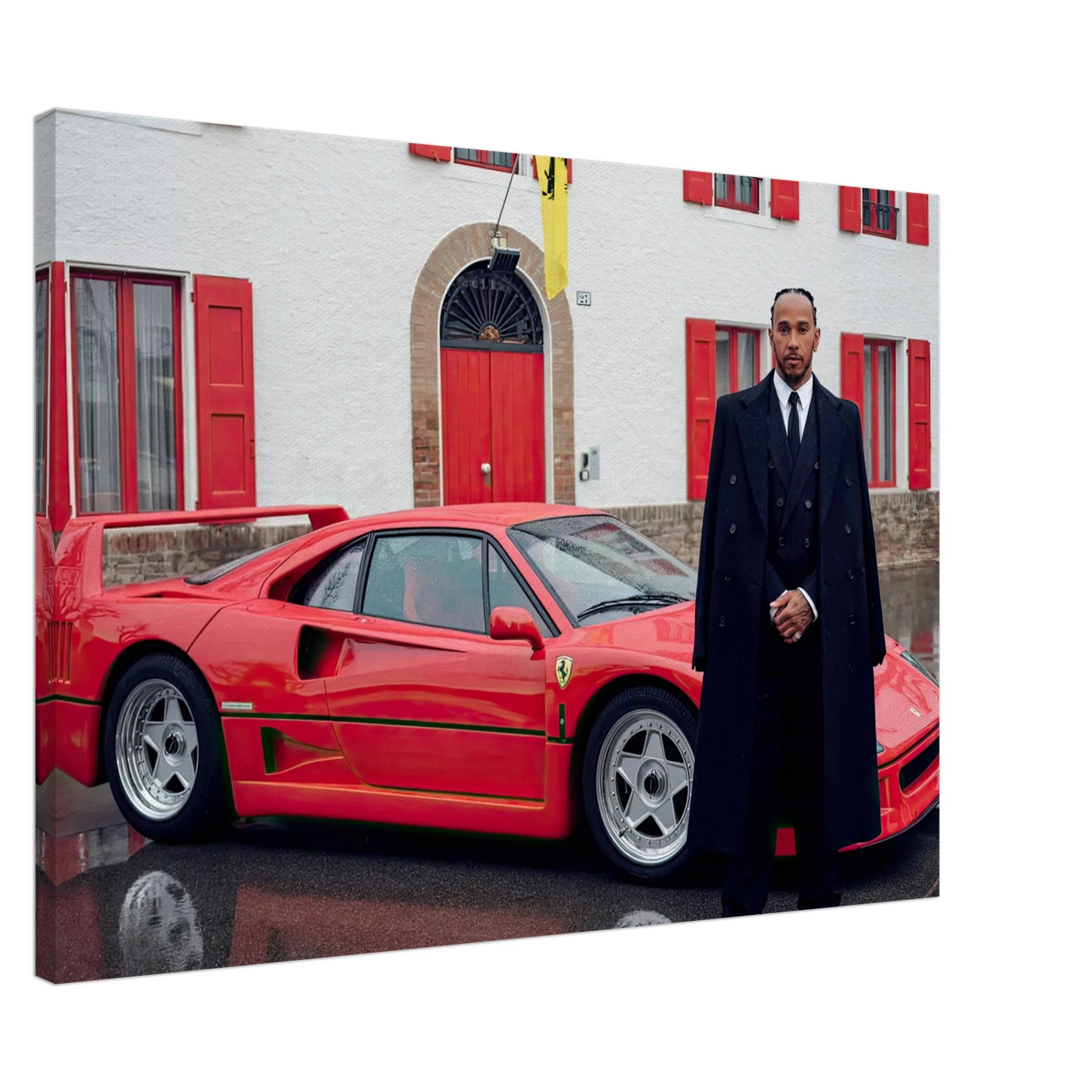 Lewis Hamilton next to Ferrari F40 canvas artwork, celebrating motorsport history and iconic moments.