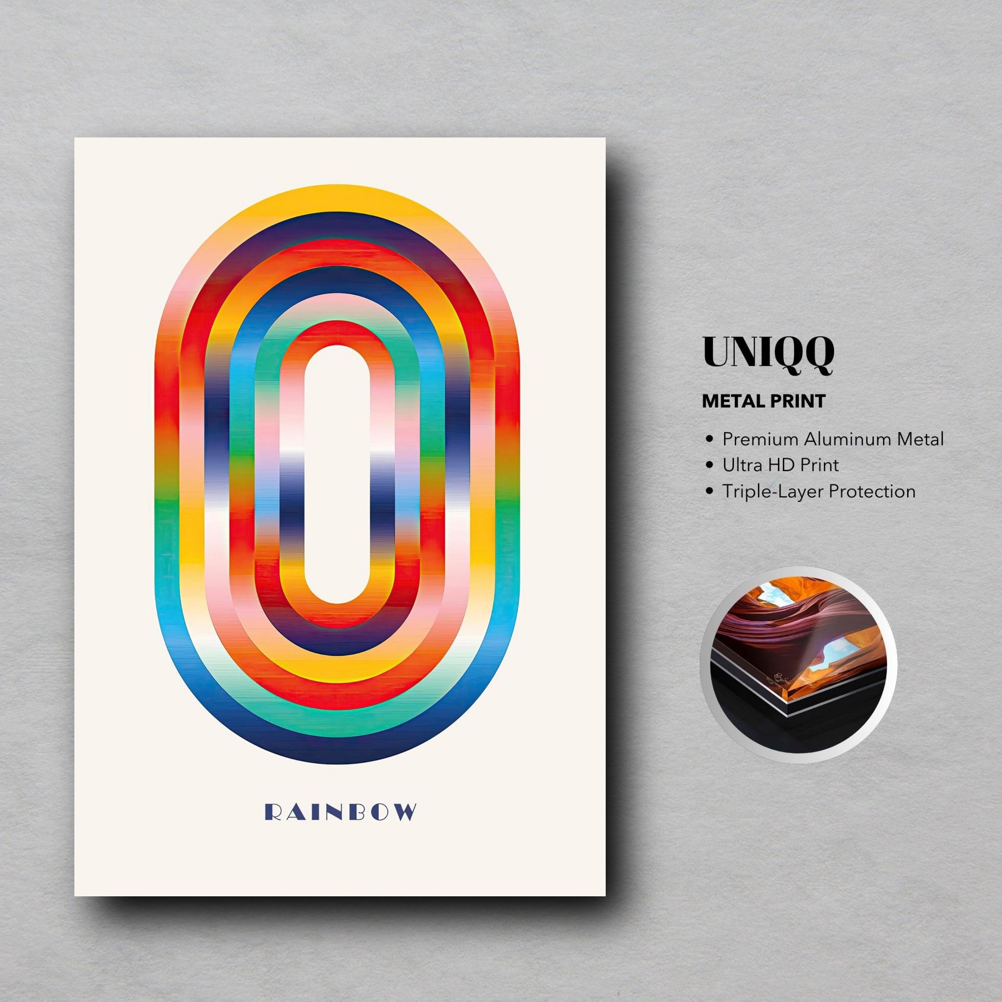 Abstract Rainbow Geometric Art Metal Print showcasing vibrant colors and sleek design for modern decor.