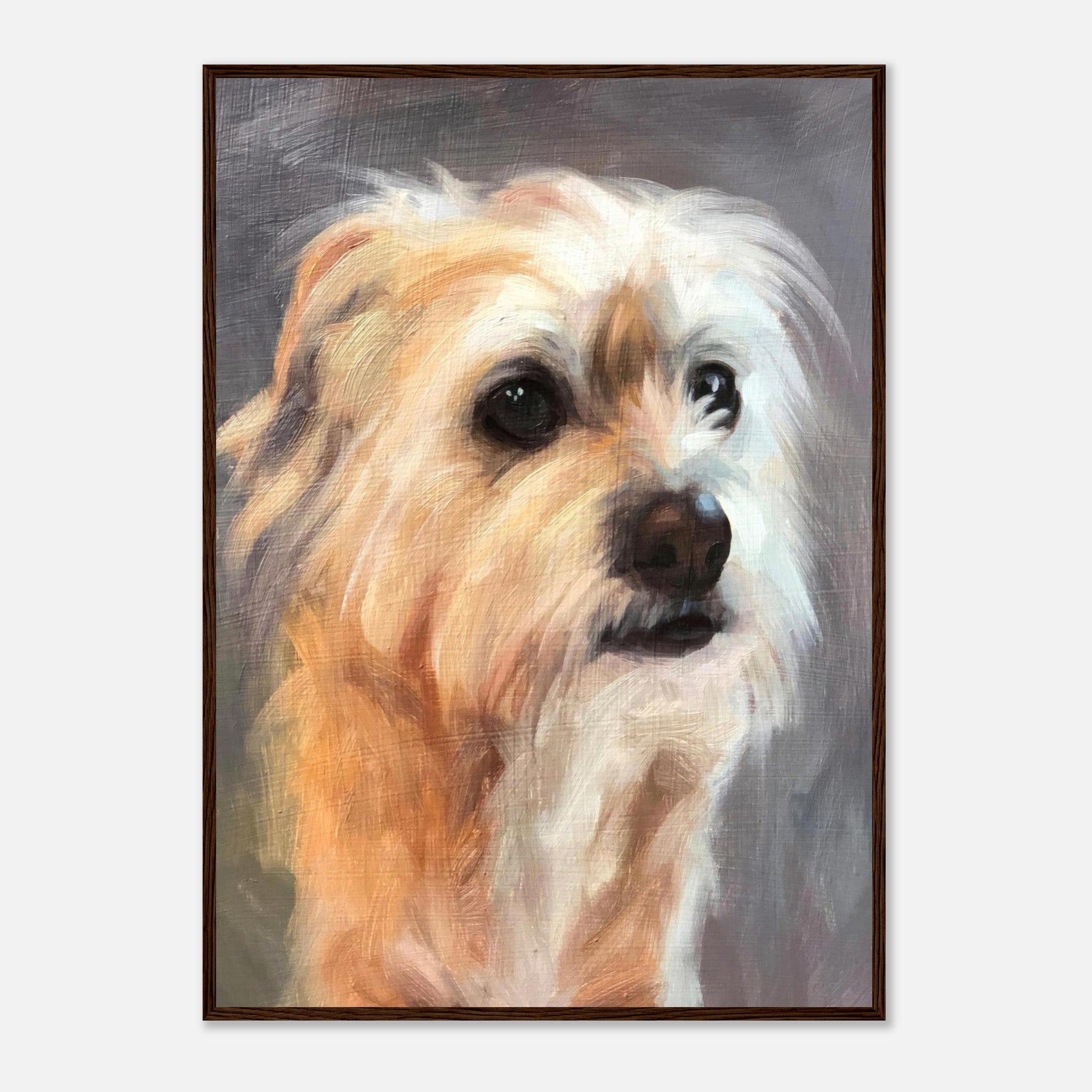 Framed print of a terrier dog painting capturing expressive eyes and textured fur, ideal for dog lovers.