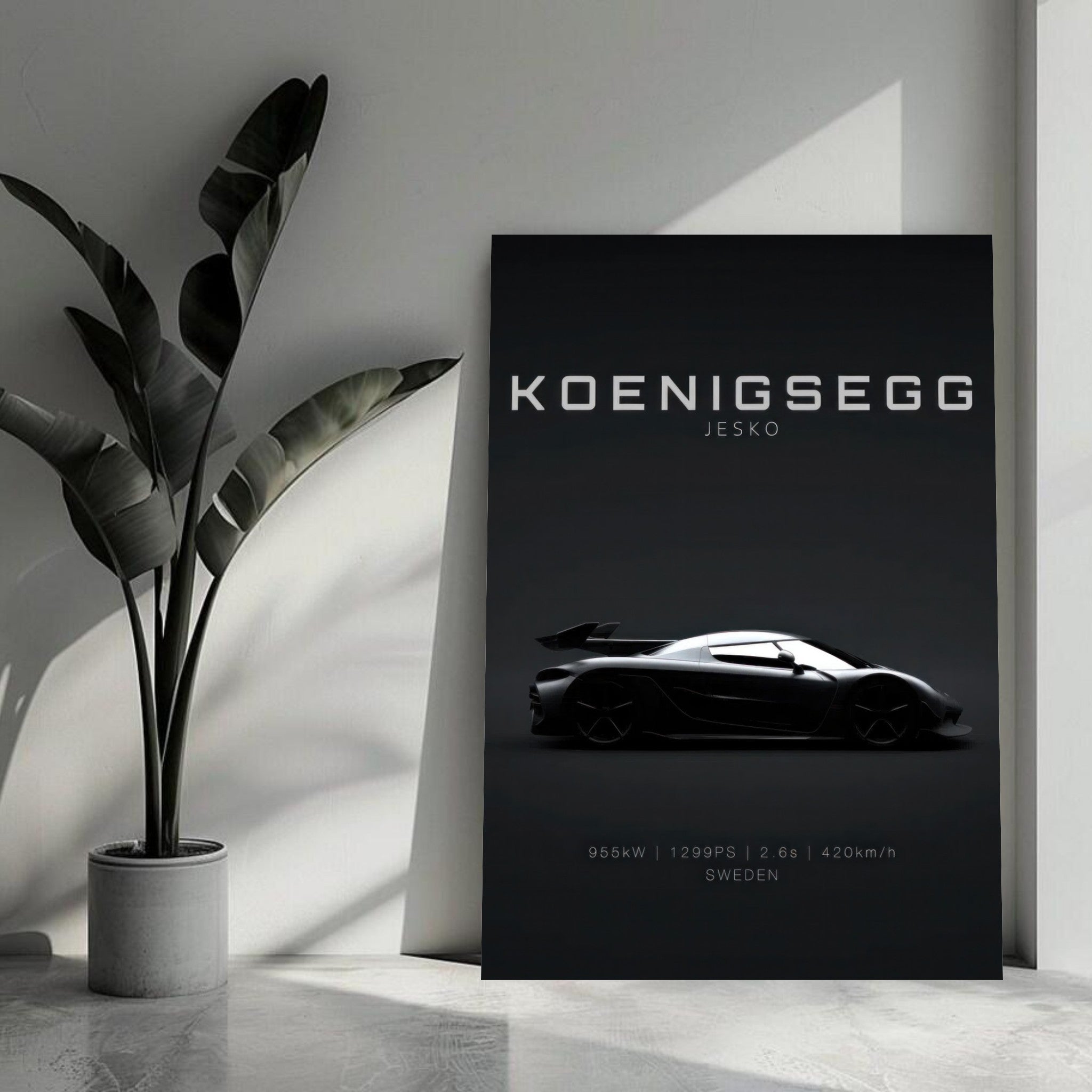 Koenigsegg Jesko metal print showcasing sleek hypercar silhouette on a minimalistic black background.