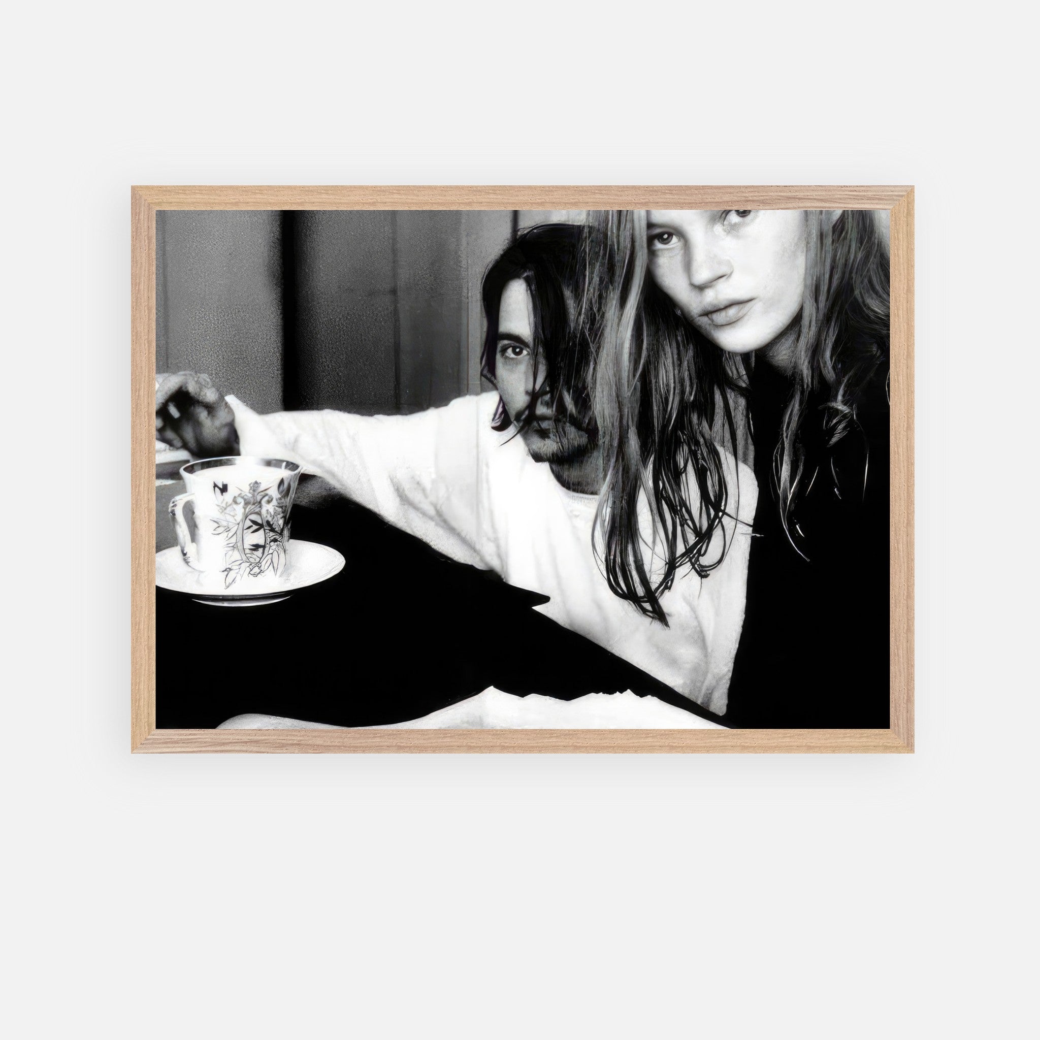 Black-and-white fine art print of Johnny Depp and Kate Moss, capturing 90s romance and rebellion in stunning detail.