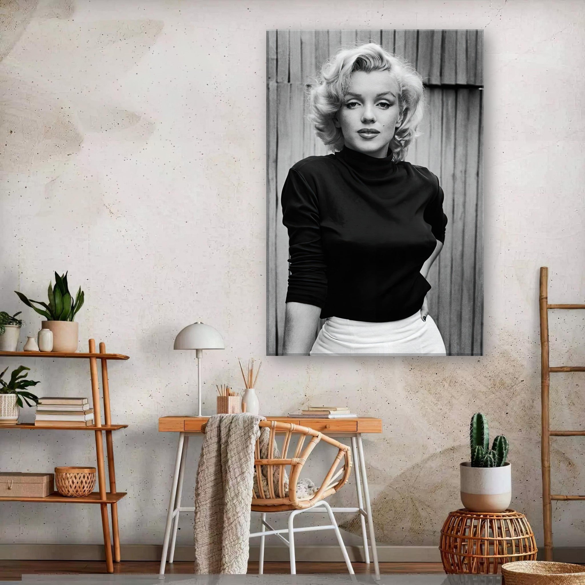 Marilyn Monroe black-and-white canvas portrait for home office decor, showcasing elegance and iconic Hollywood charm.