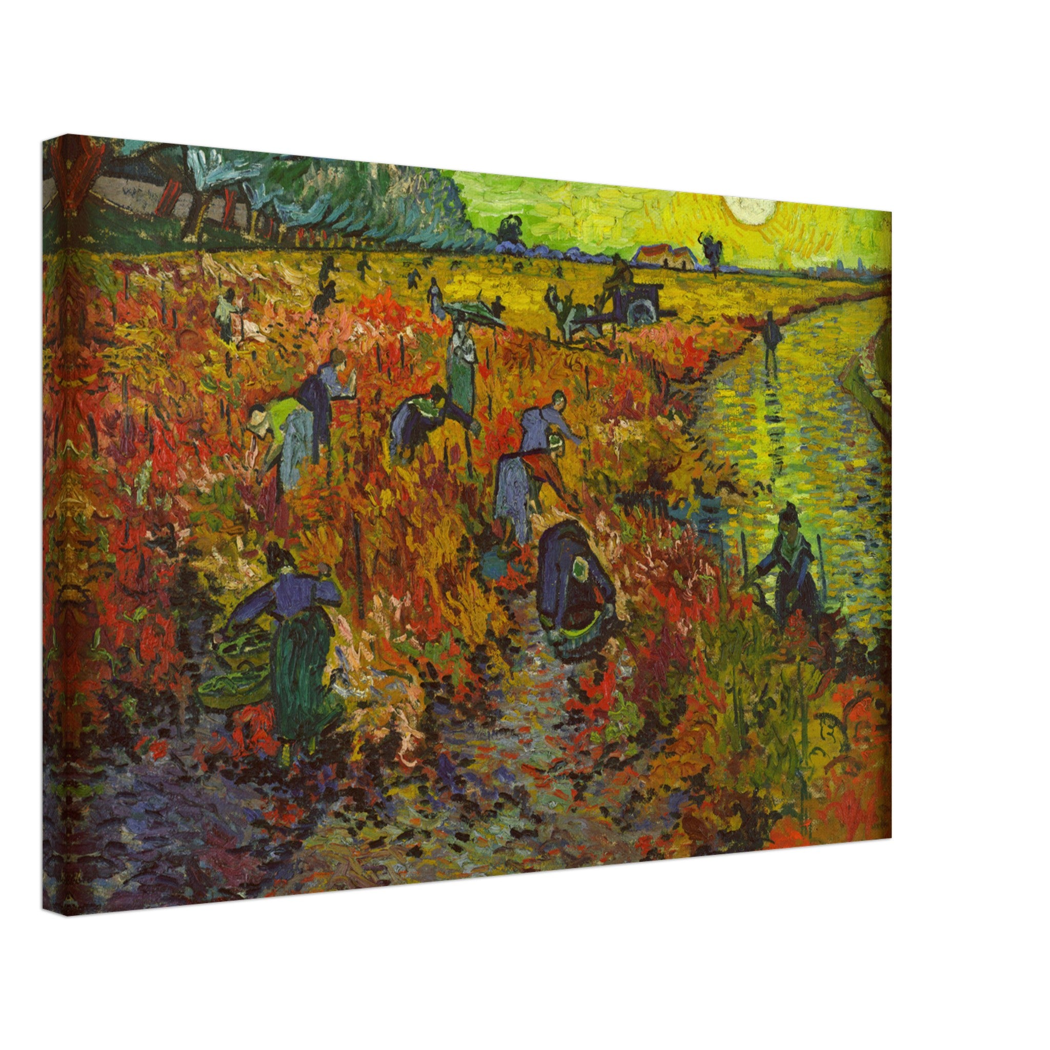 Vibrant canvas print of The Red Vineyard by Van Gogh featuring autumn colors and vineyard workers.