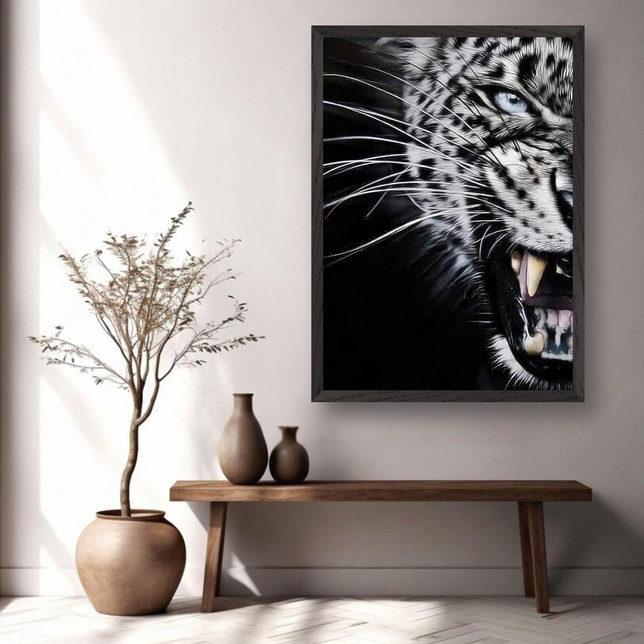 Leopard close-up portrait in a modern setting, showcasing intense eyes and striking fur patterns as fine art.