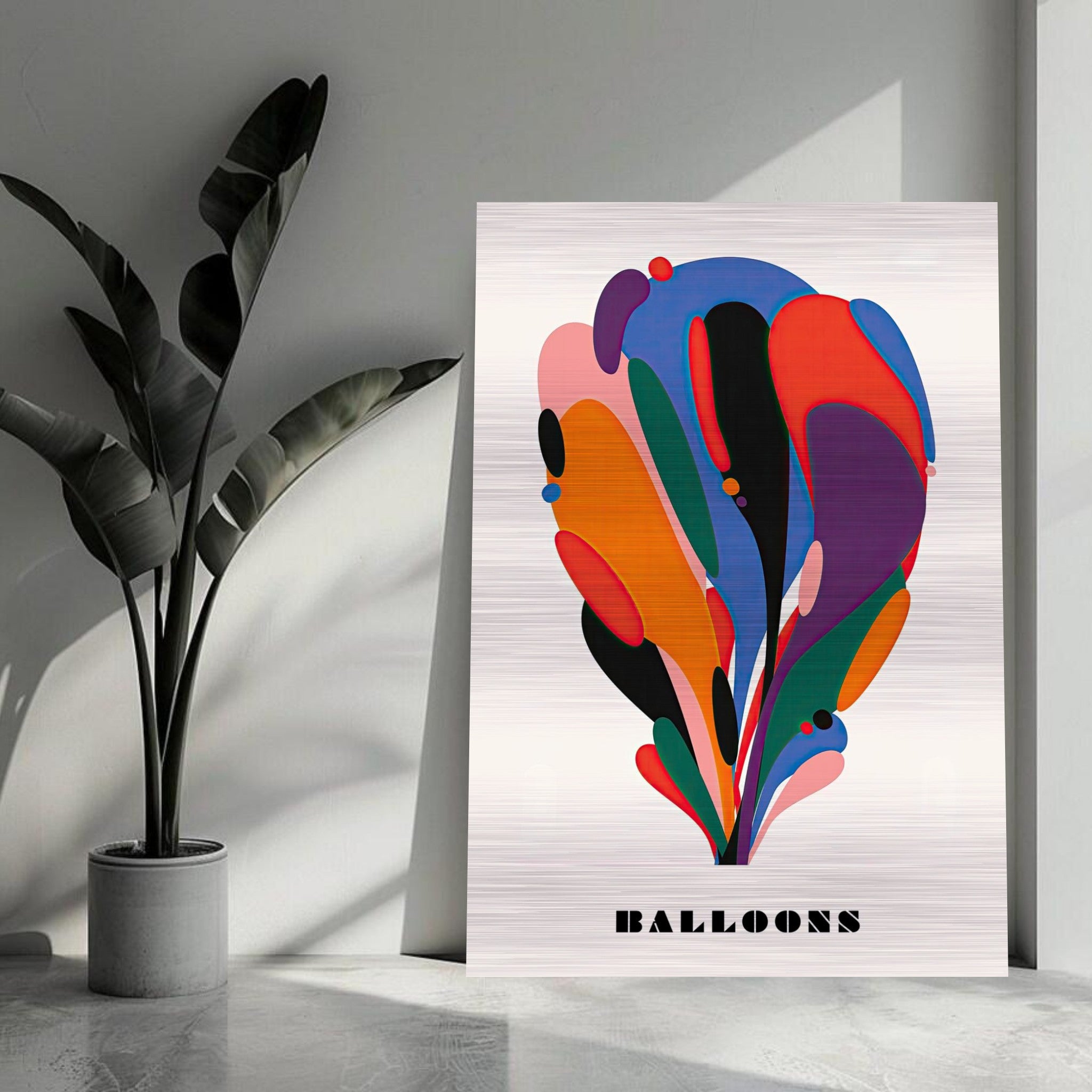 Vibrant Abstract Balloon Art Print in Brushed Metal, featuring colorful shapes and fluid designs.