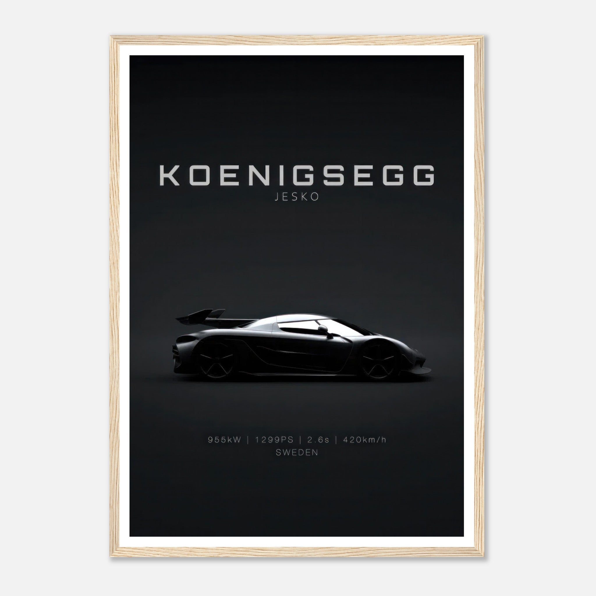 Koenigsegg Jesko framed poster showcasing the sleek hypercar design on a minimalist black background.