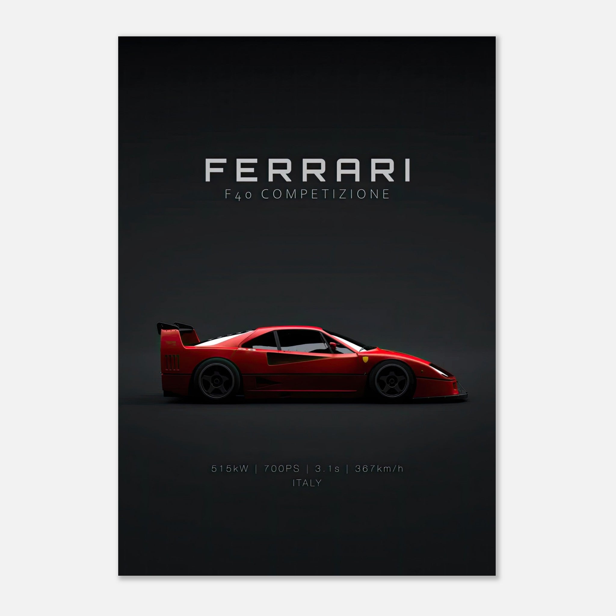 Ferrari F40 Competizione poster showcasing the iconic sports car with racing details and sleek design.