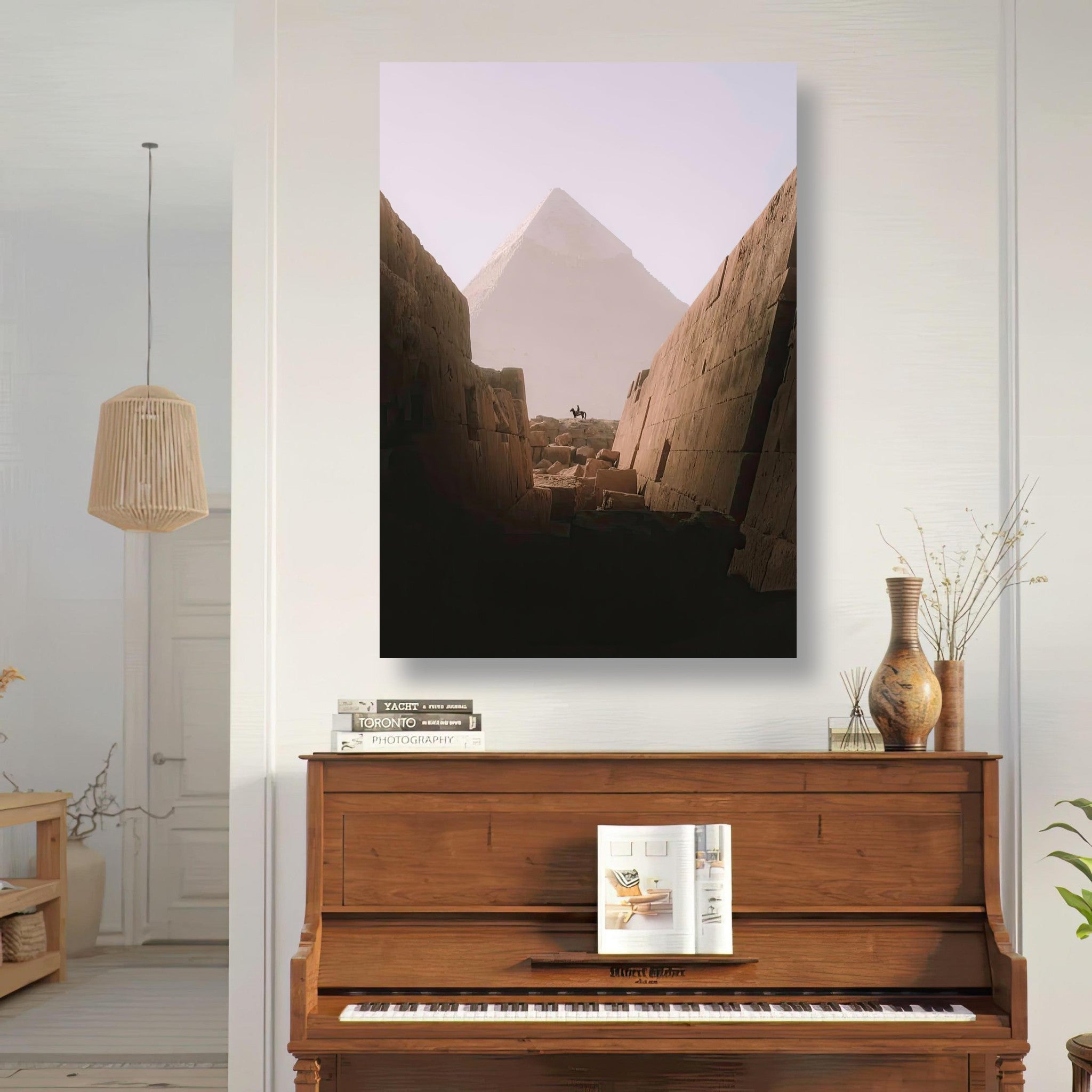 Horseback rider silhouetted against the Great Pyramid of Giza in a serene, artistic metal print for home decor.