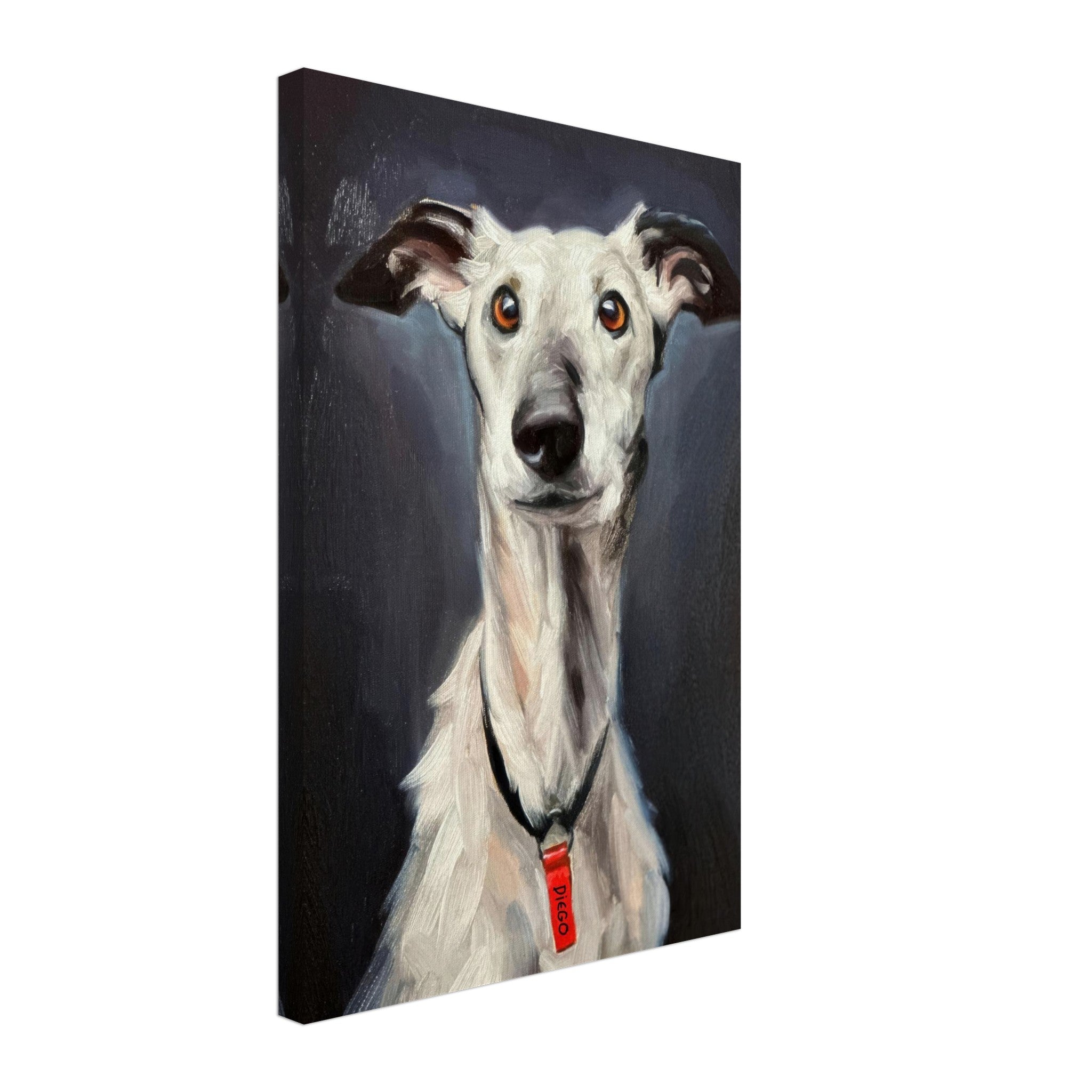 Greyhound dog portrait canvas print showcasing detailed features and expressive eyes.