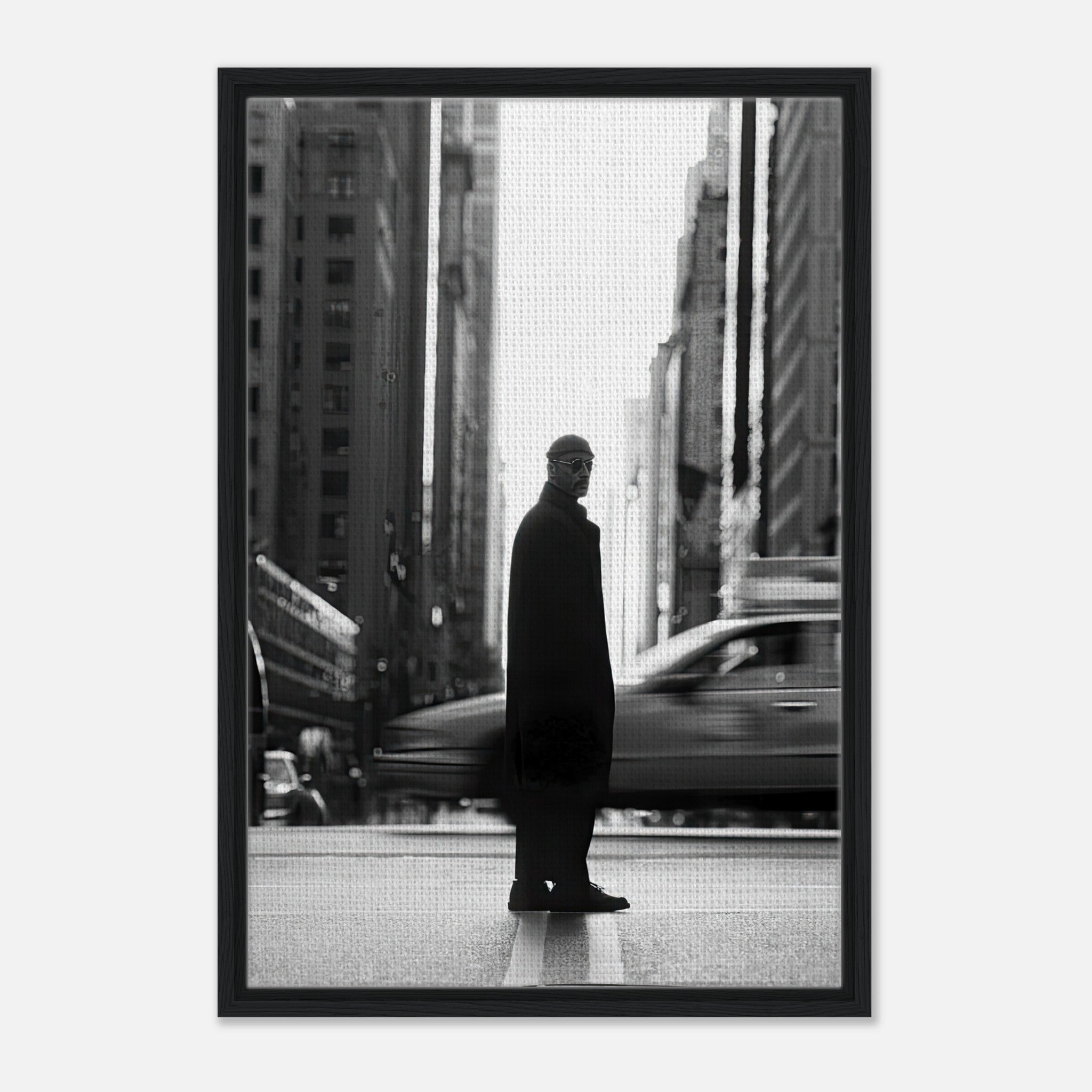 Jean Reno as Leon in New York framed canvas art, black-and-white city scene, urban sophistication.