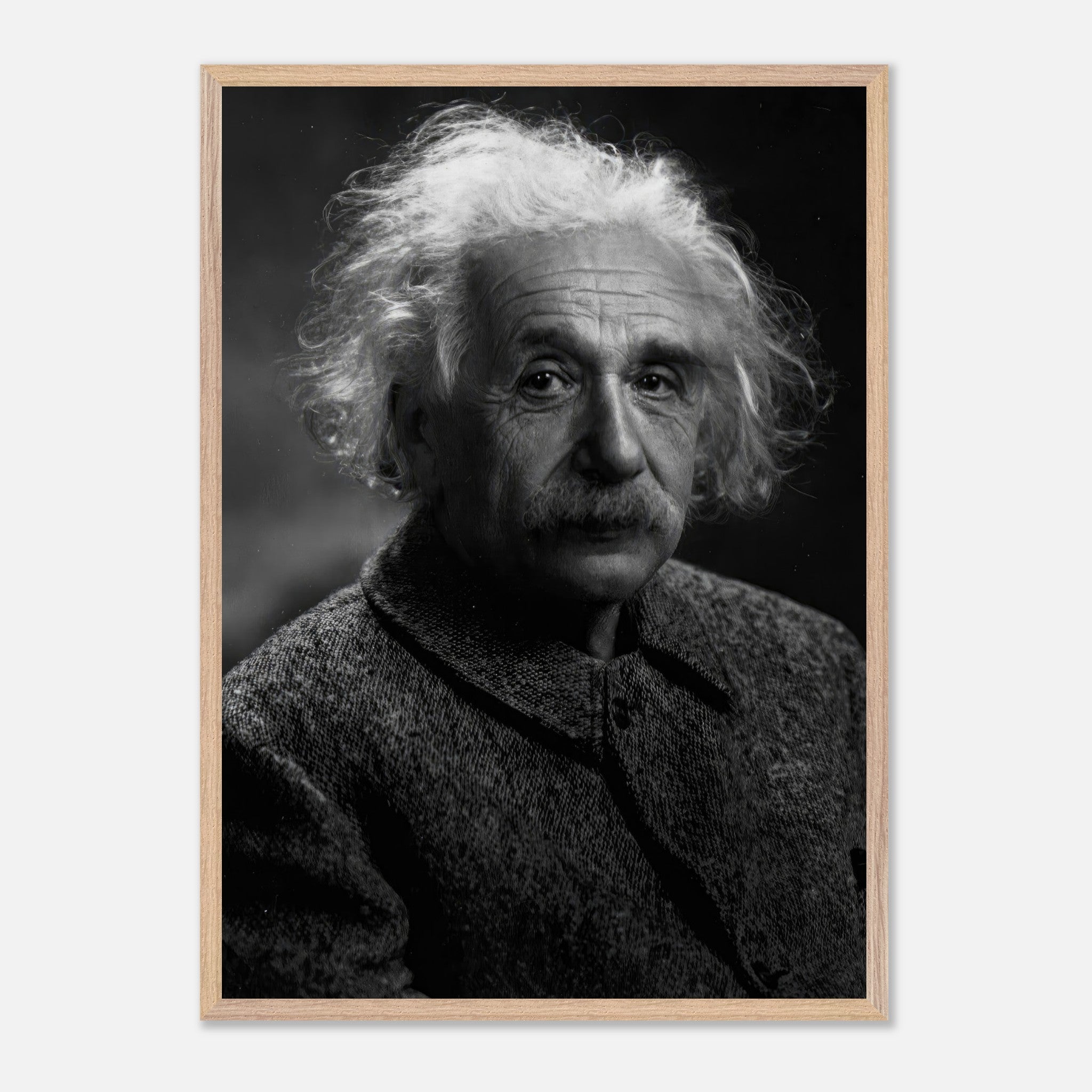 Vintage framed portrait of Albert Einstein, showcasing his intellect and wisdom in a black-and-white print.