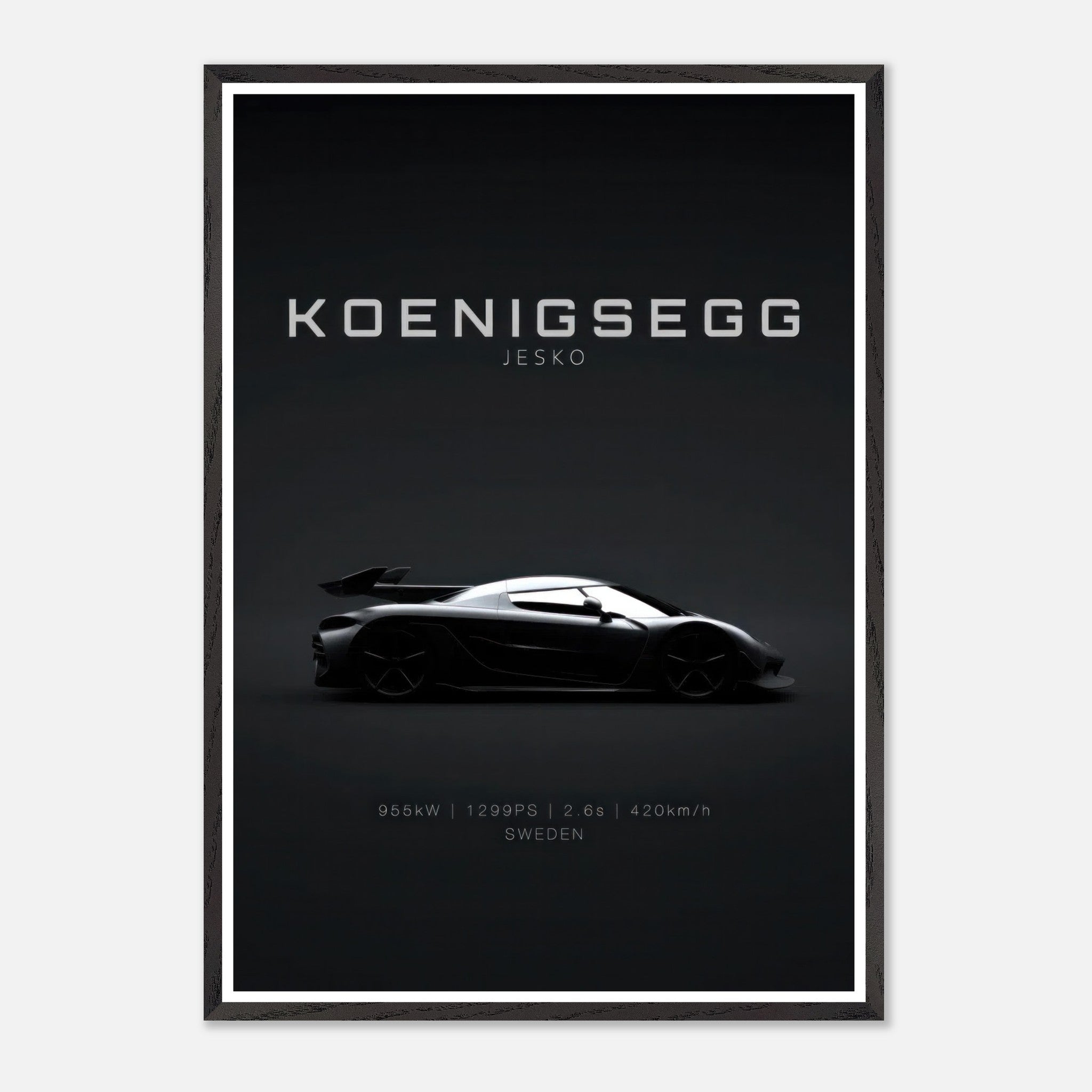 Koenigsegg Jesko vintage framed art showcasing sleek car design against a black background.