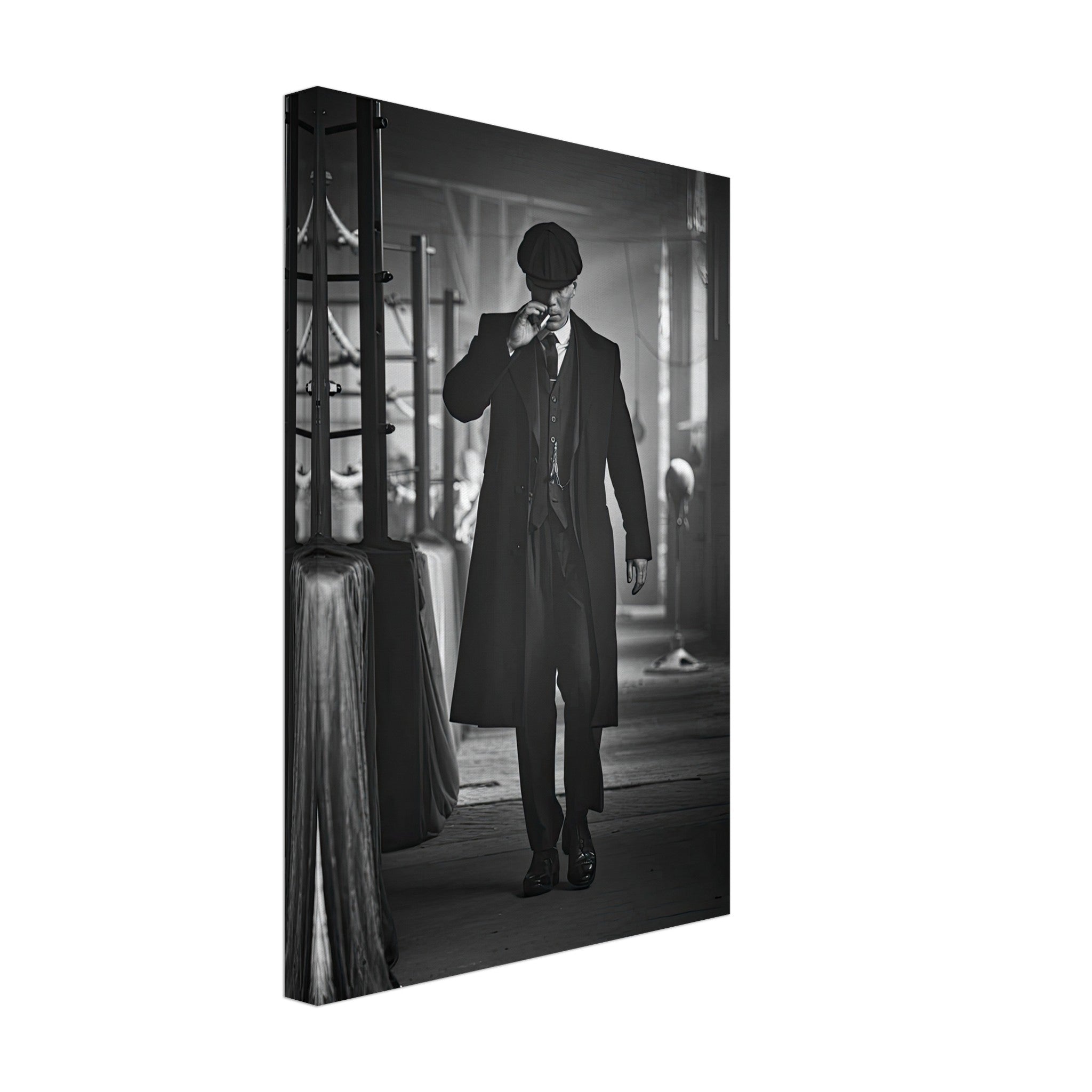 Tommy Shelby from Peaky Blinders in black and white canvas art, portraying vintage gangster style and charisma.