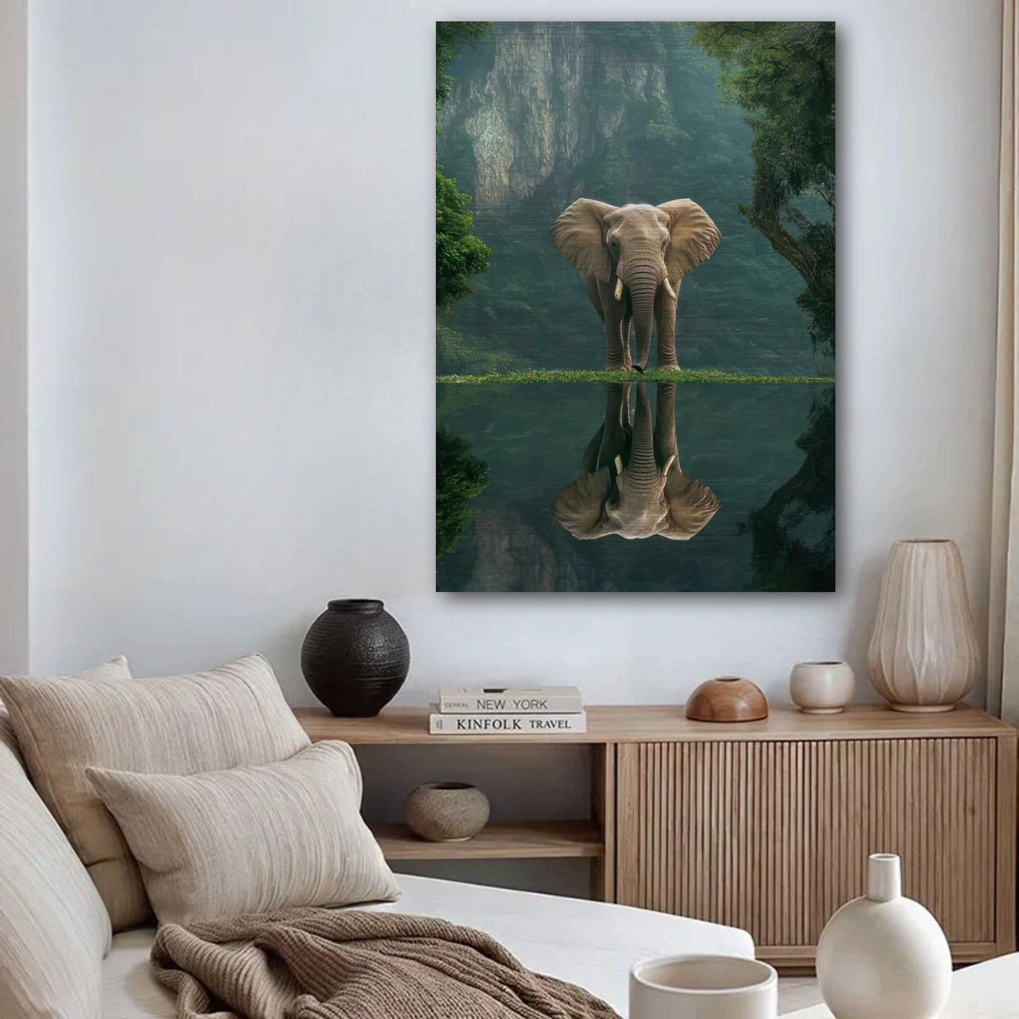 Jungle Elephant Portrait in brushed metal print, featuring a majestic elephant by a serene water reflection.
