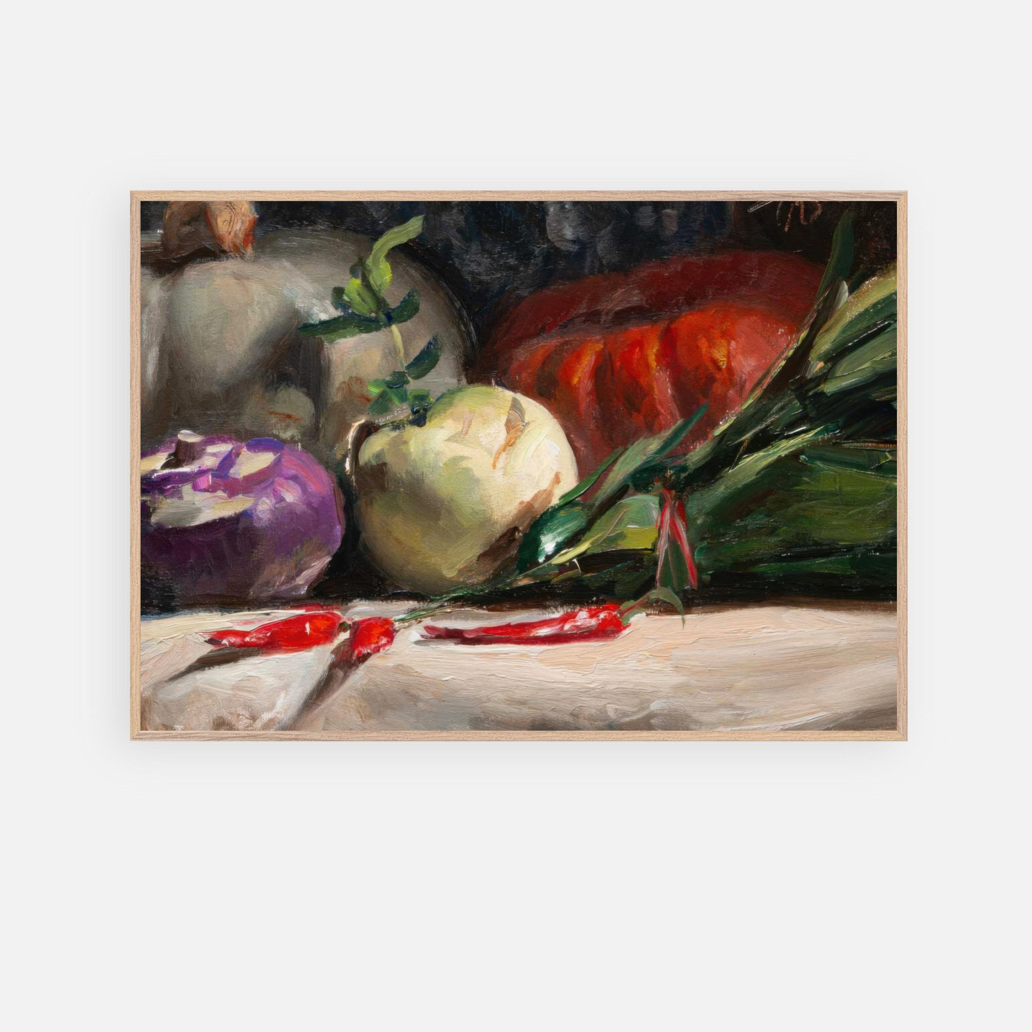Vibrant oil painting of kohlrabi, pumpkins, and chilis in a rustic still-life style, perfect for kitchen decor.