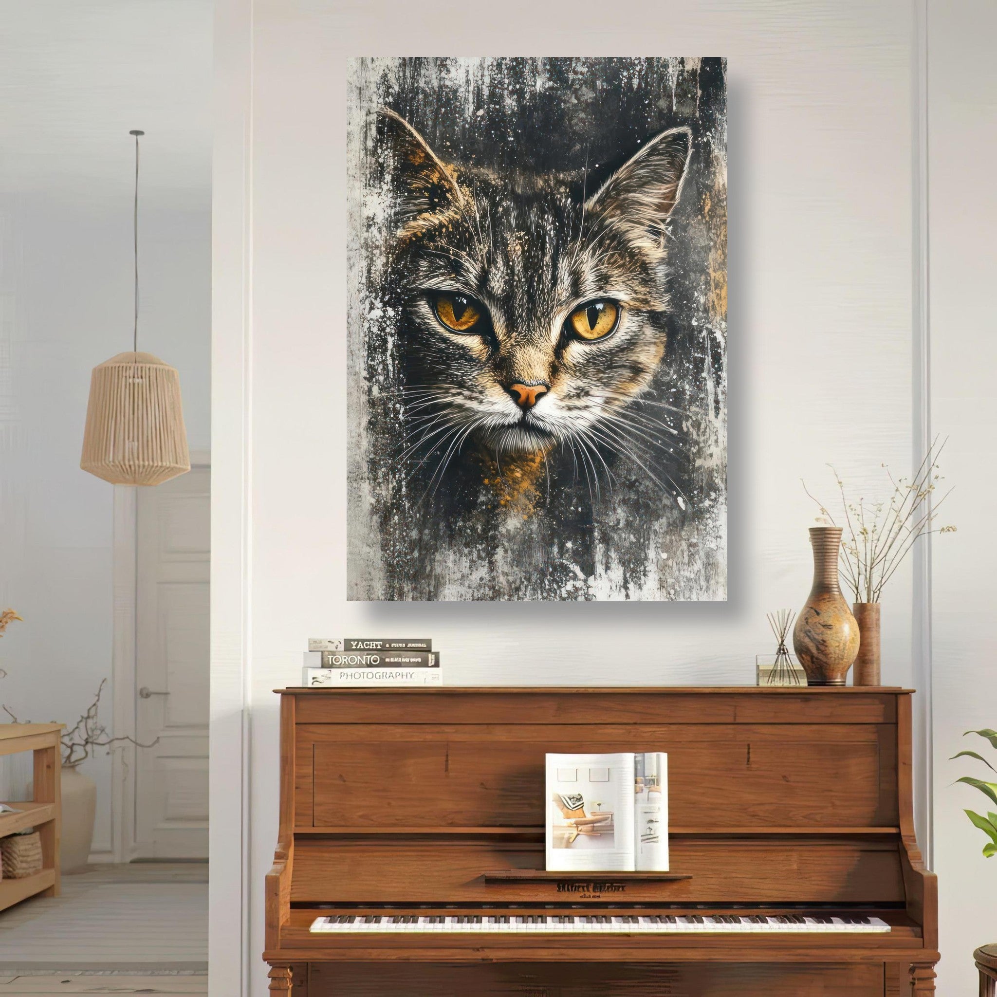 Cat painting artwork metal print featuring a detailed portrait of a cat with golden eyes in modern interior decor.