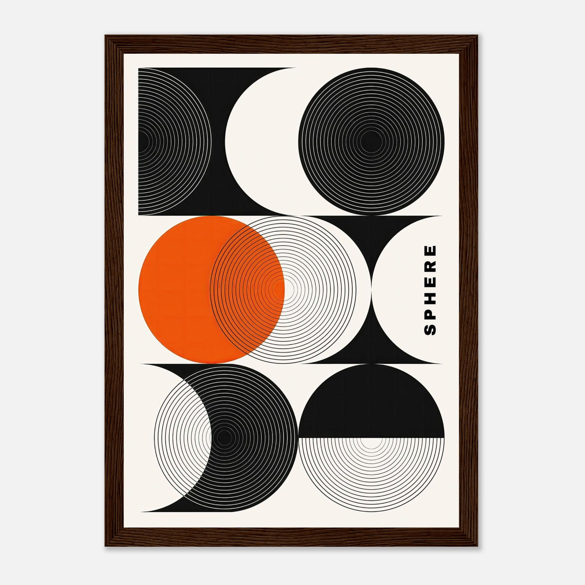 Abstract Geometric Sphere Art Framed Print with circular patterns and black, white, and vibrant orange tones.