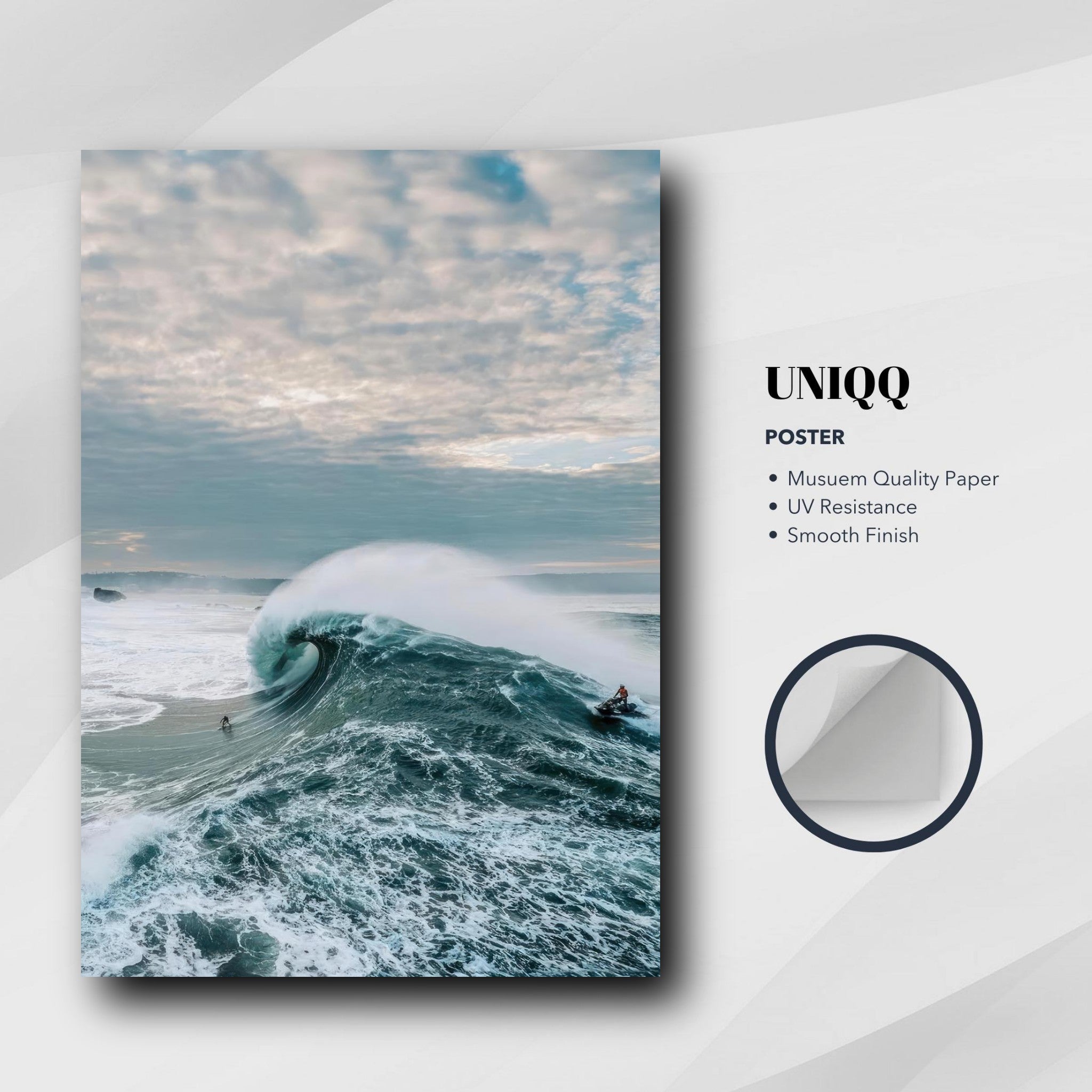 Big Wave Surfing Poster showcasing a surfer riding a massive wave with vibrant colors and exhilarating energy.