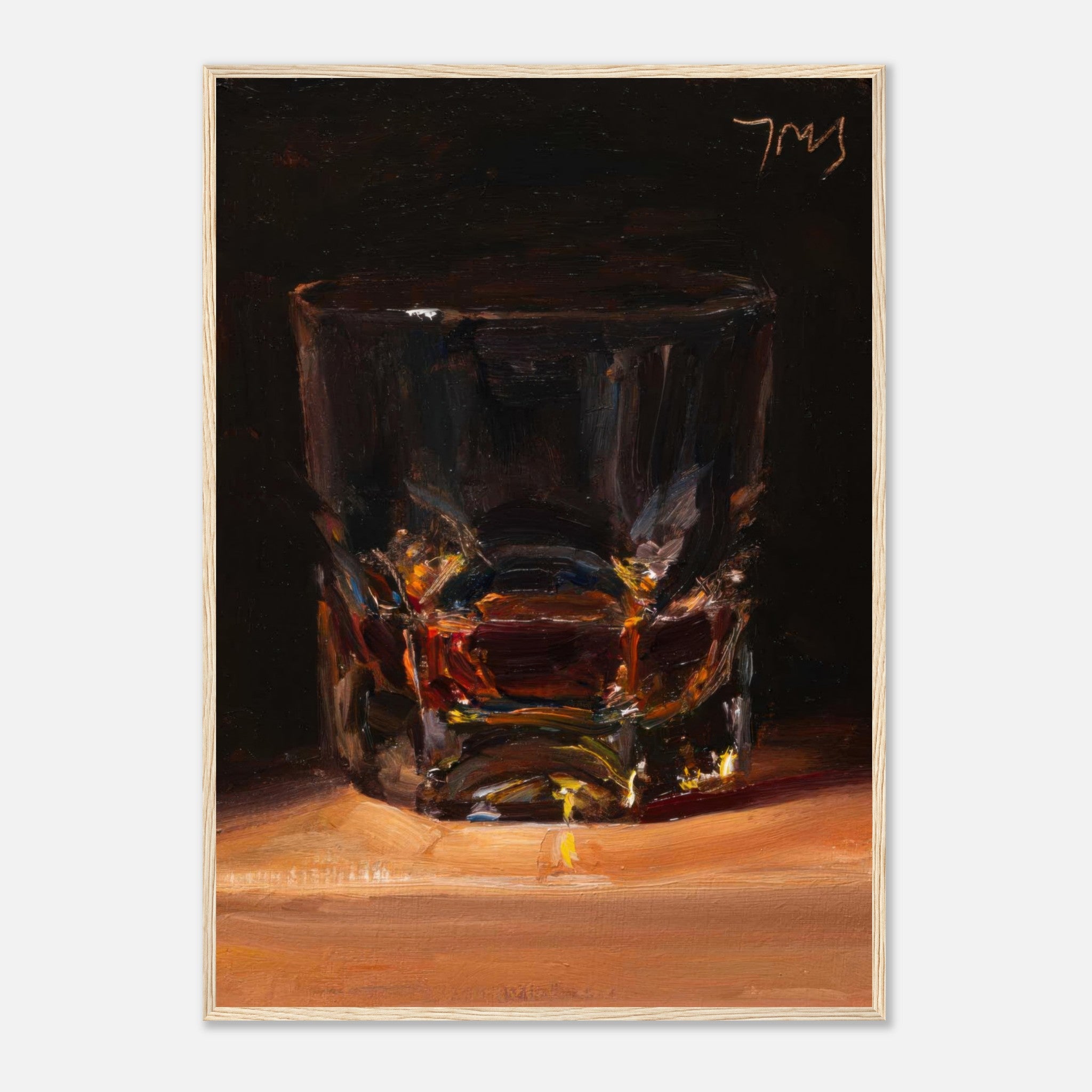 Whiskey framed print featuring a glass filled with amber whiskey on a dimly lit surface.