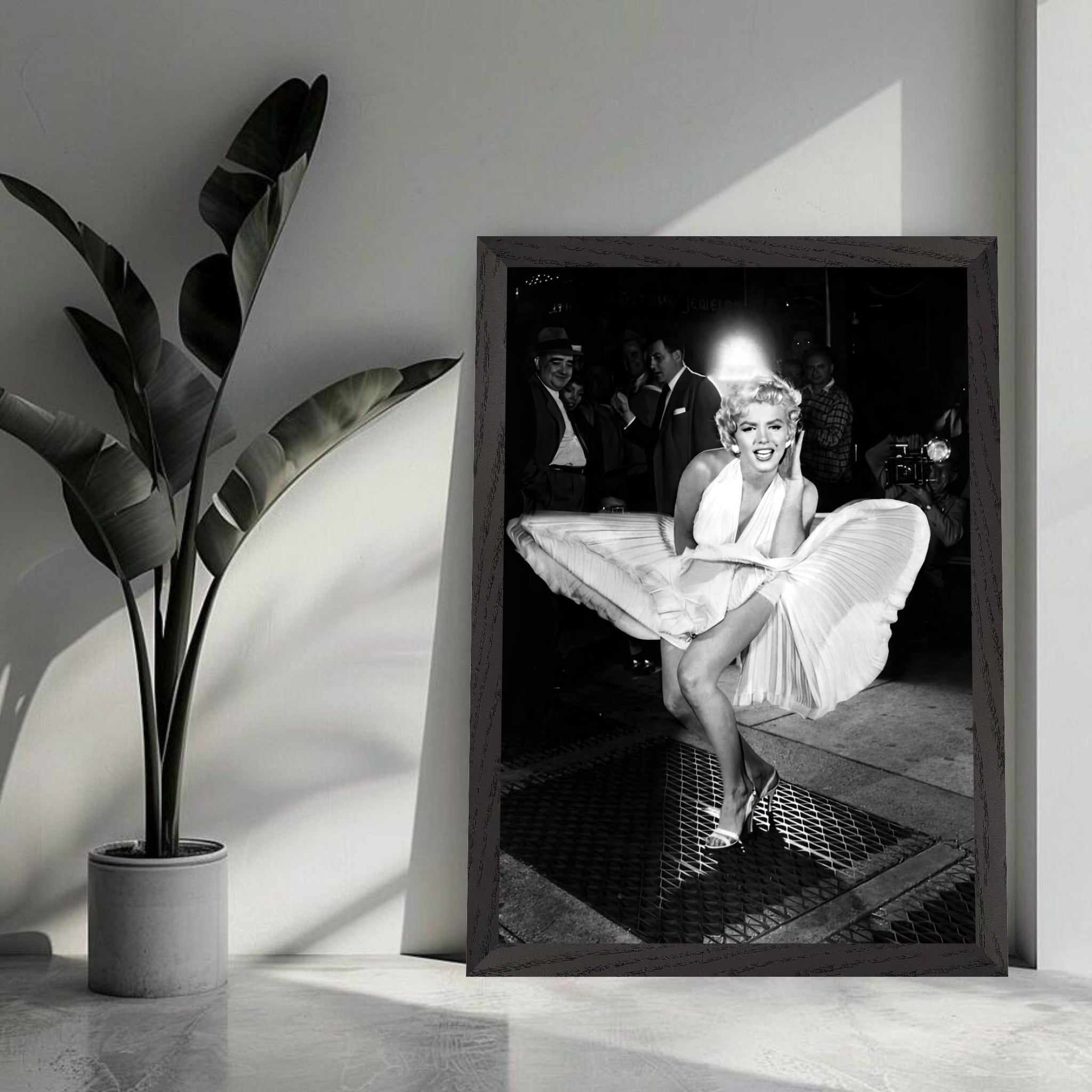 Marilyn Monroe vintage framed print in white dress, captured in a wind-blown moment, showcasing Hollywood glamour.