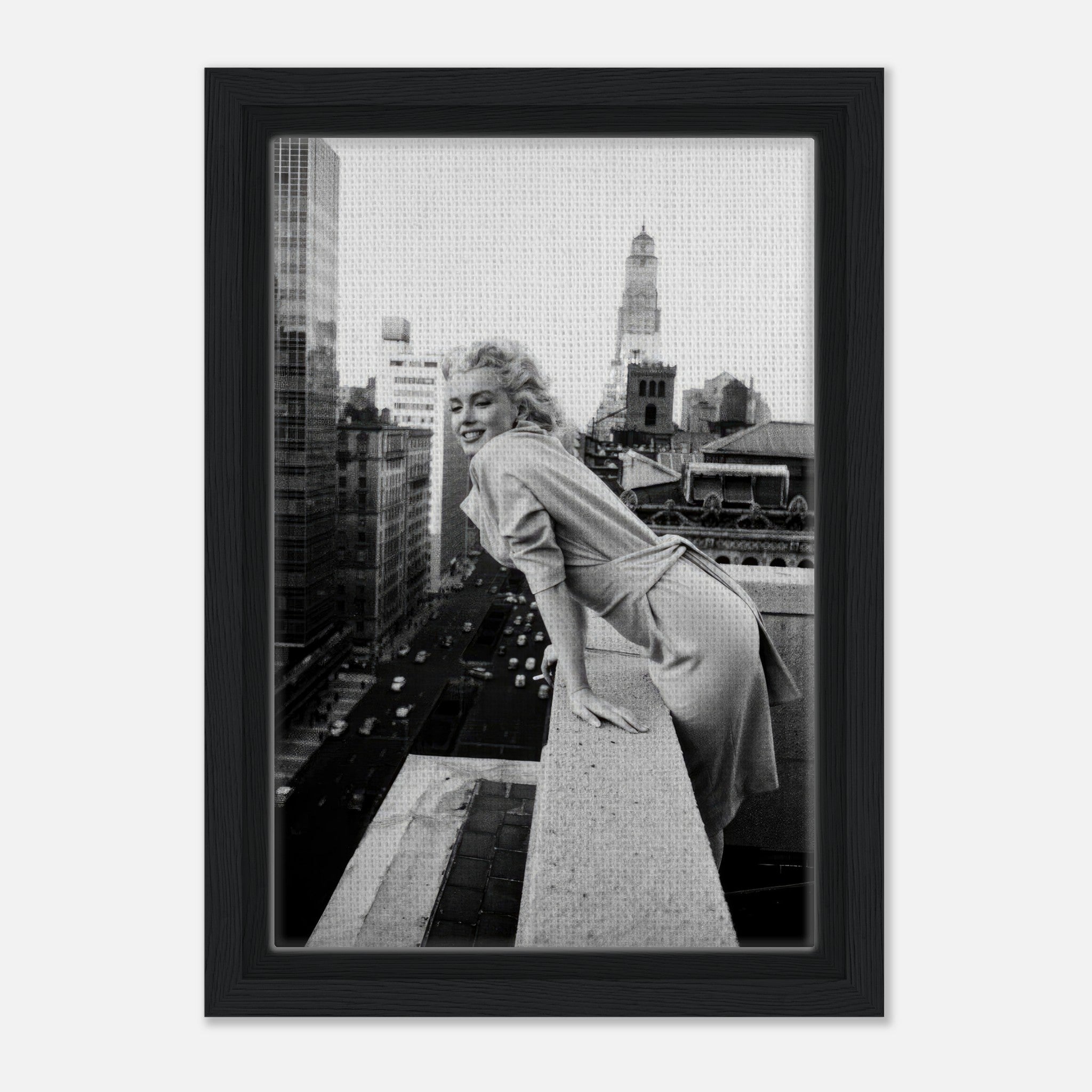 Marilyn Monroe on NYC rooftops framed canvas, classic black-and-white photography capturing elegance and charm.