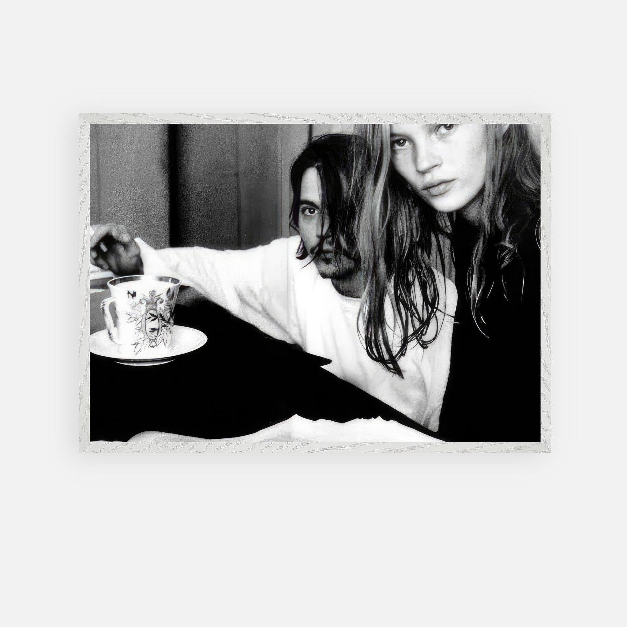 Johnny Depp and Kate Moss vintage framed art print in black-and-white, capturing 90s romance and rebellion.