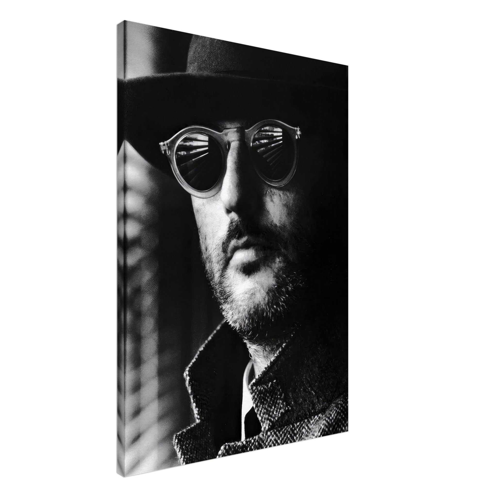 Jean Reno black-and-white portrait photography canvas, showcasing striking details and sophisticated artistry.
