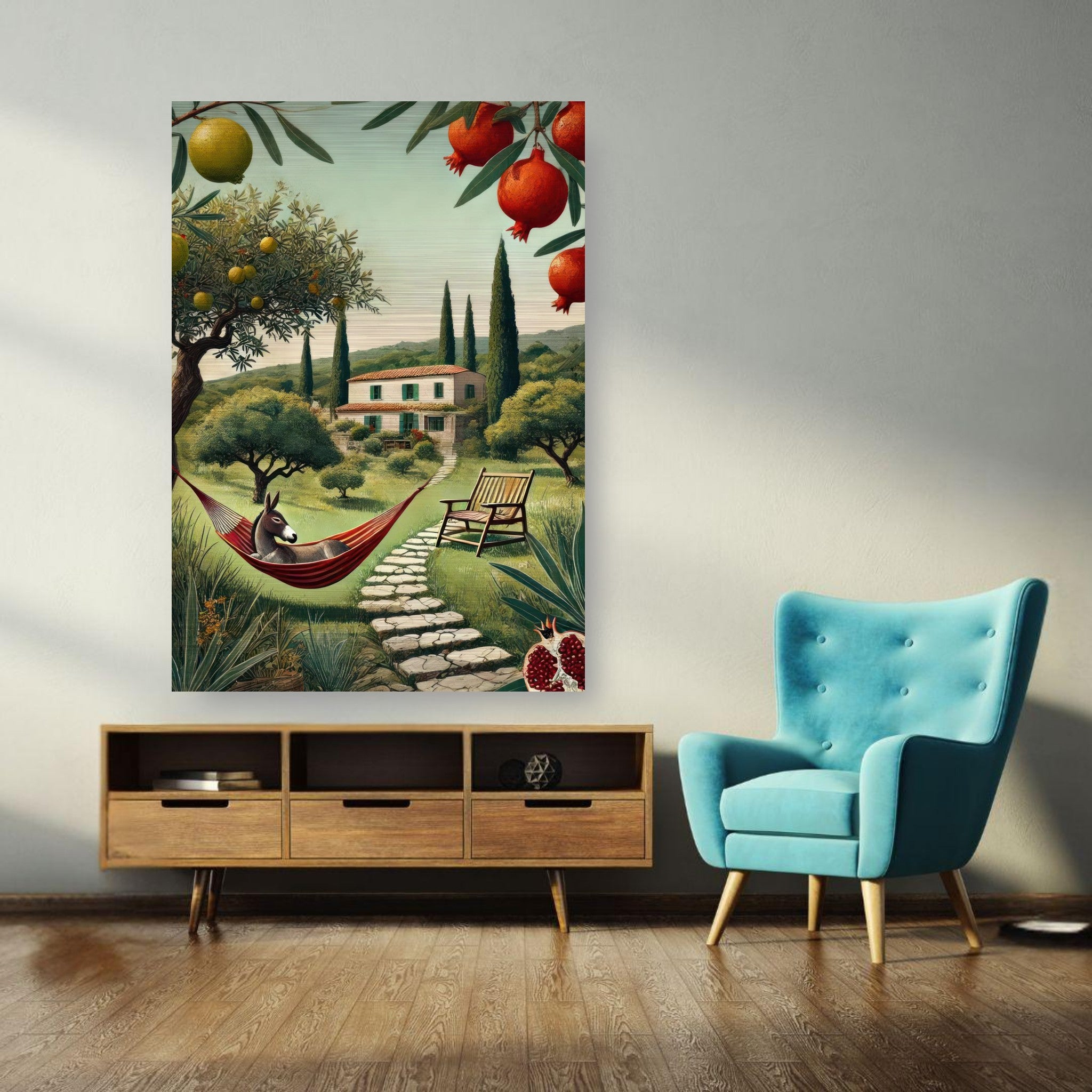 Mediterranean rural landscape brushed metal artwork featuring a donkey in a hammock surrounded by olive trees and pomegranates.