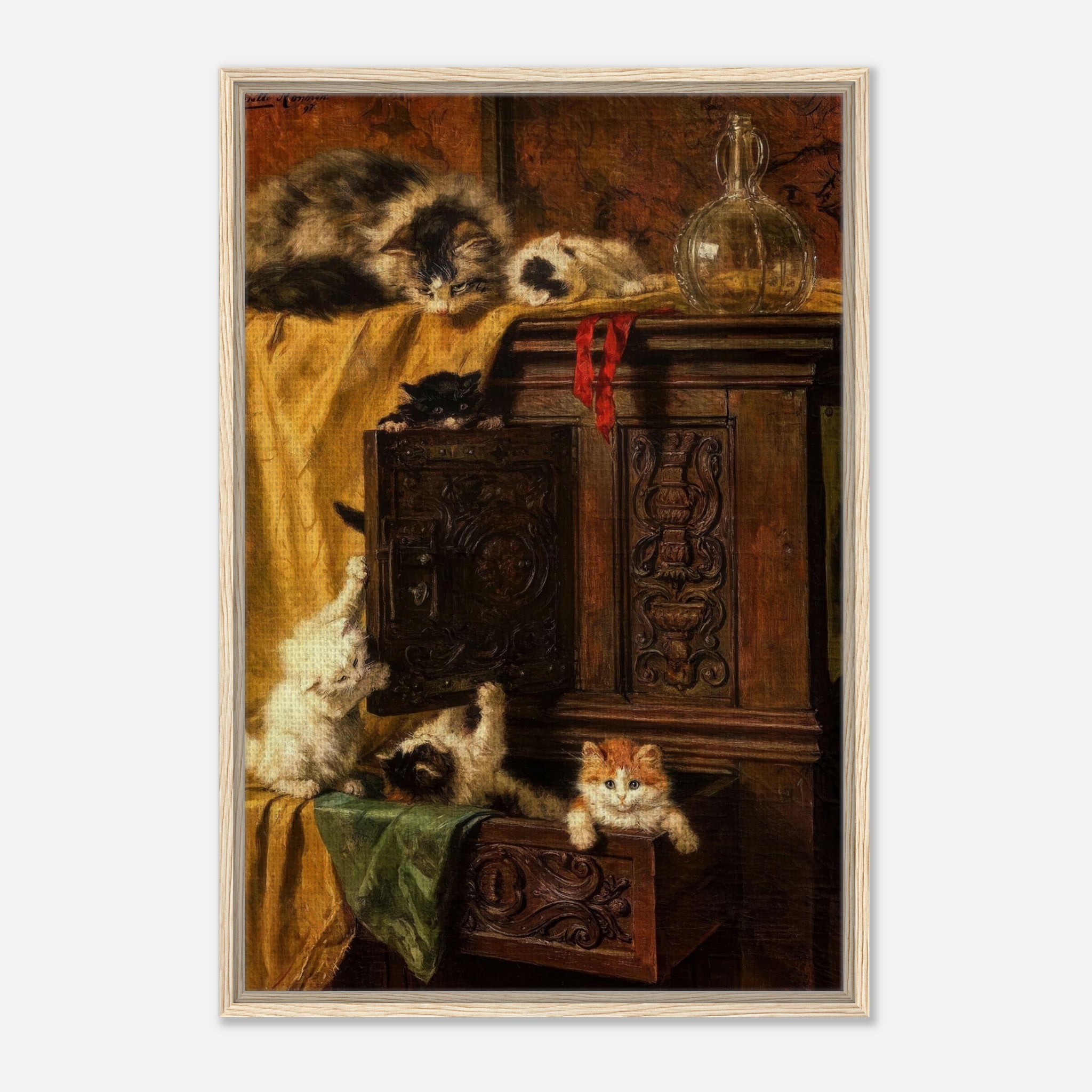 Vintage cat painting of playful kittens on a wooden cabinet, framed canvas print with intricate details and warm colors.