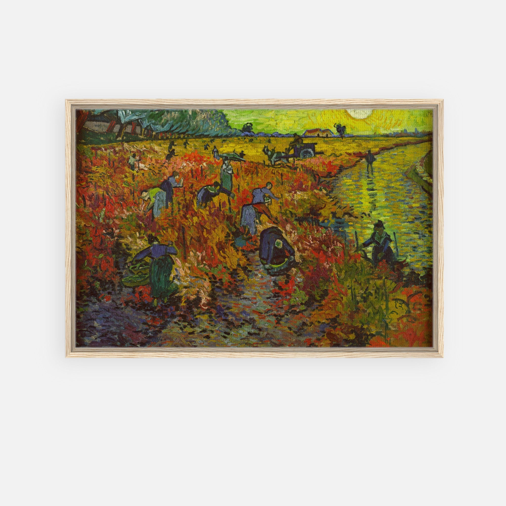 Framed canvas print of Van Gogh's The Red Vineyard depicting workers in a vibrant autumn vineyard.