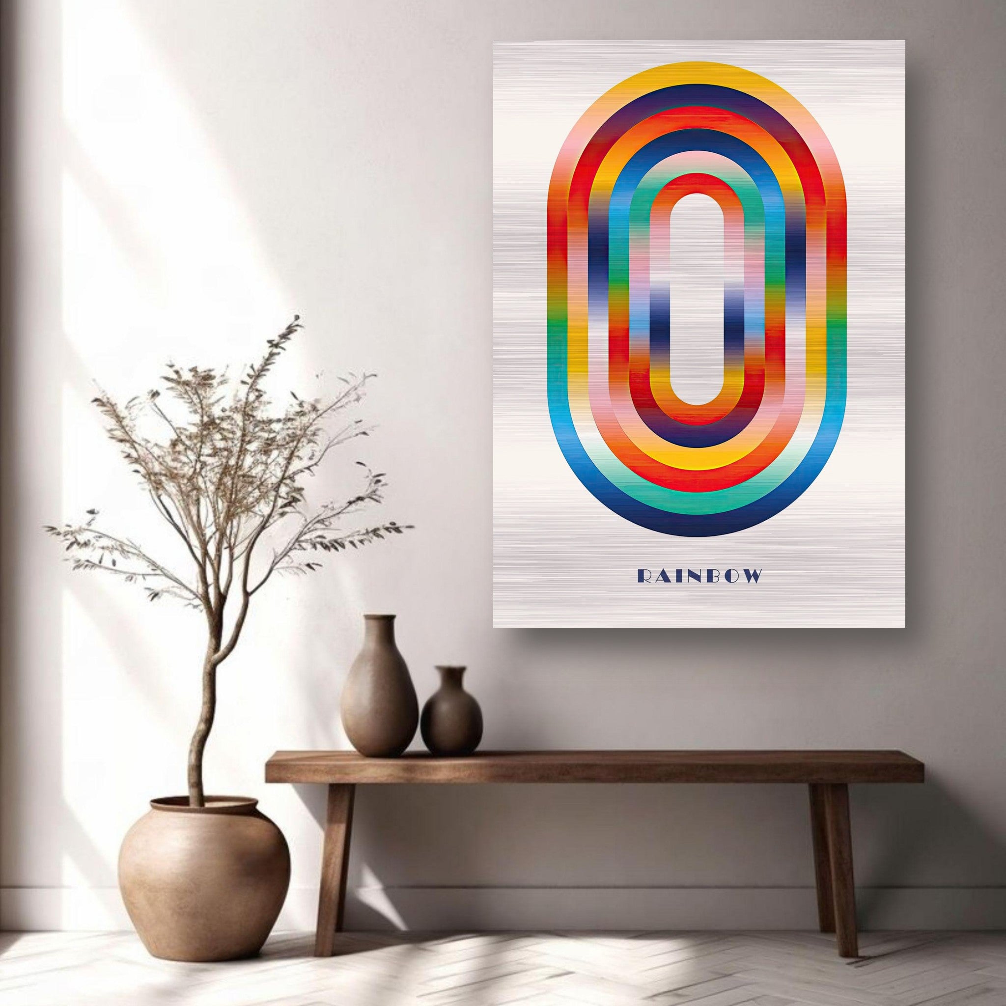 Abstract Rainbow Geometric Art on brushed metal, vibrant colors in a dynamic design, perfect for modern home decor.