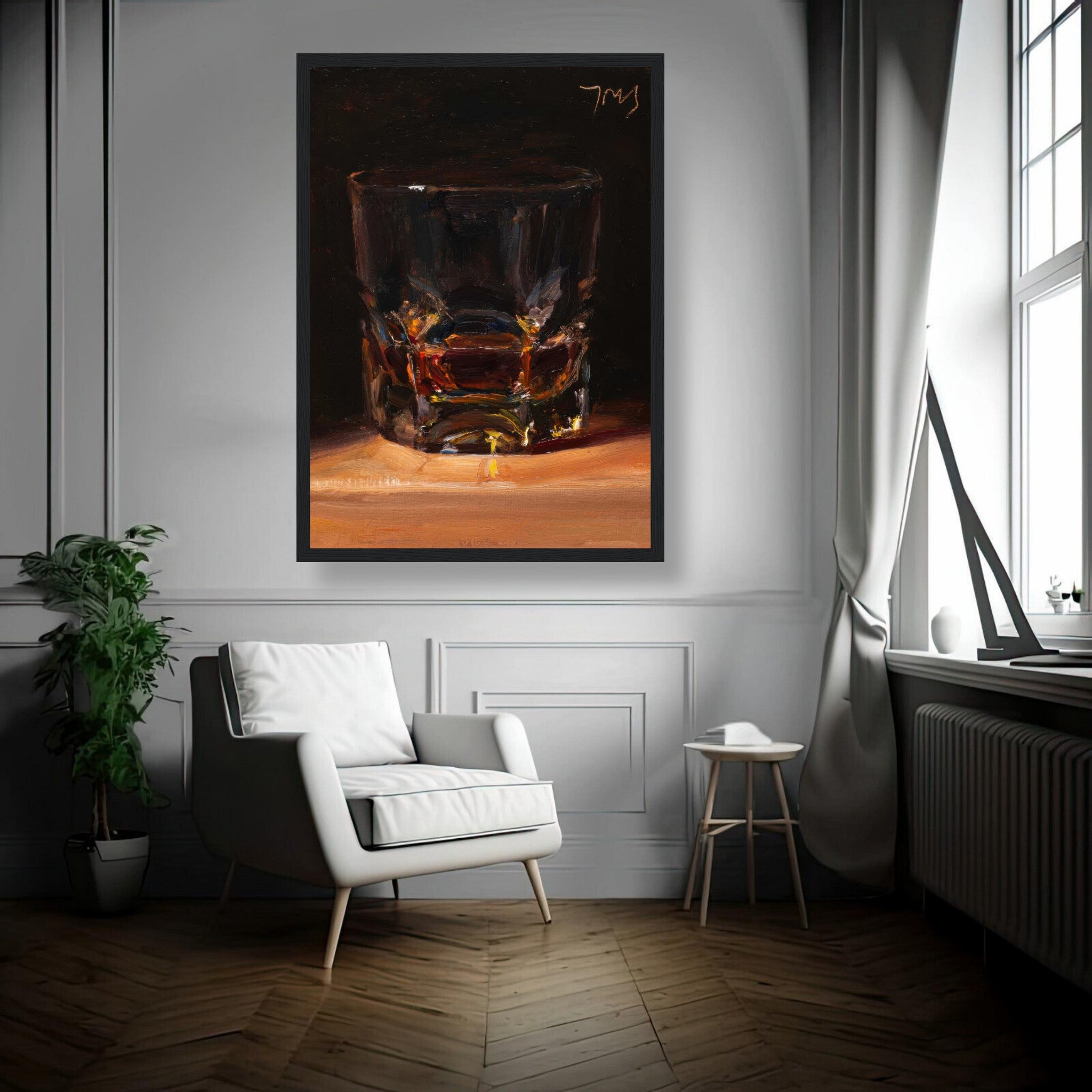 Elegant whiskey framed print showcasing a glass of whiskey, enhancing home decor with sophistication.