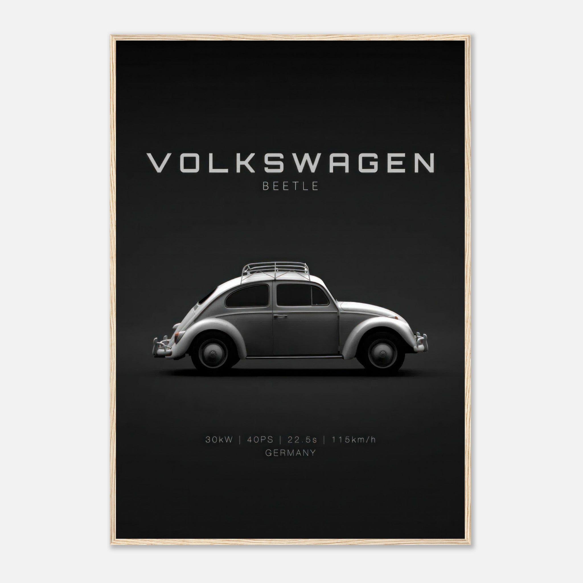 Volkswagen Beetle framed poster featuring a sleek side profile on a minimalist black background.