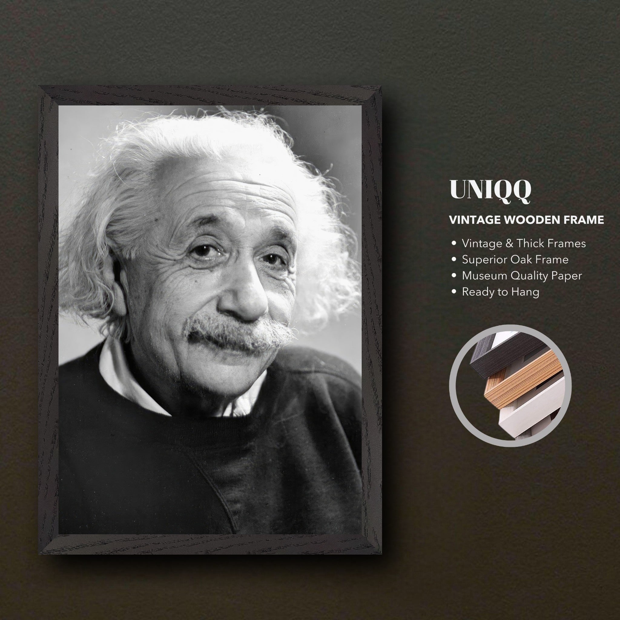 Vintage framed portrait of Albert Einstein, 1946, printed on museum-quality paper and ready to hang.