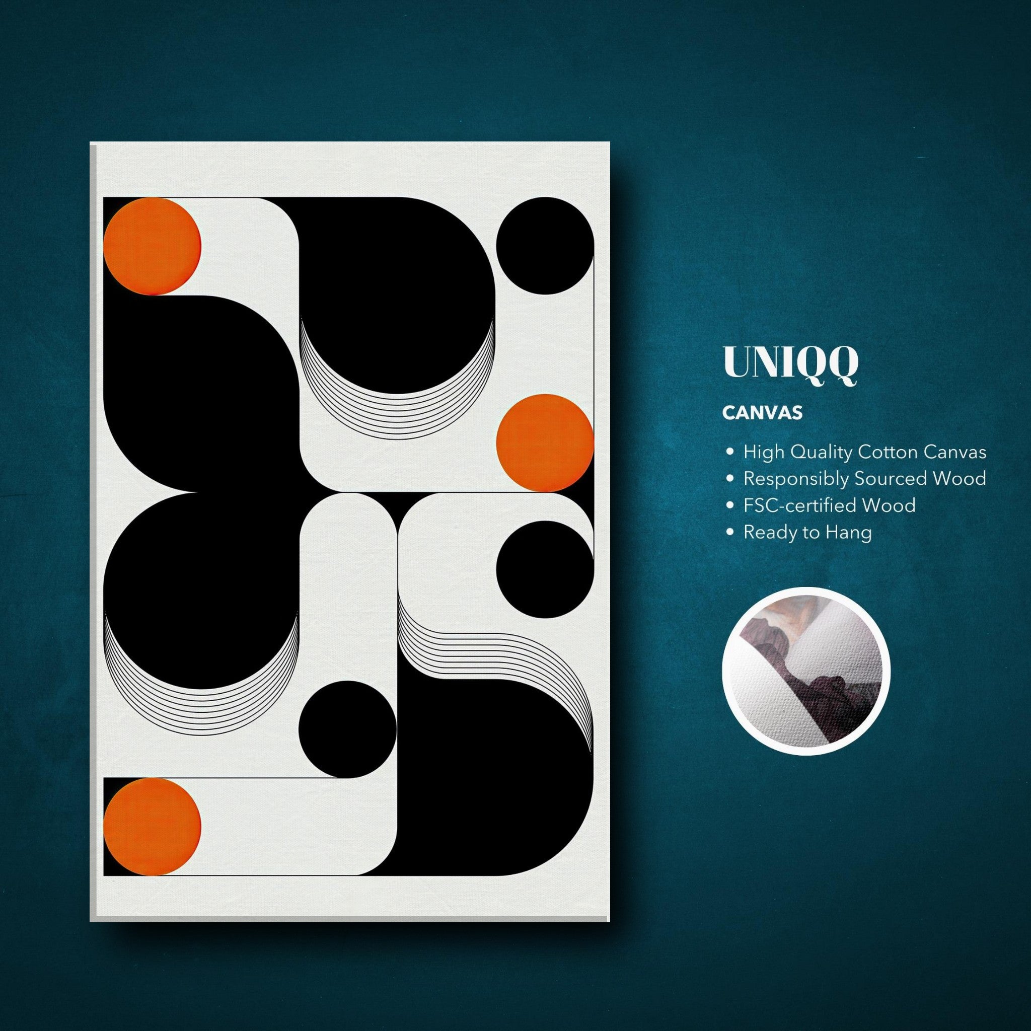 Modern geometric abstract art canvas print featuring bold black shapes and vibrant orange accents.