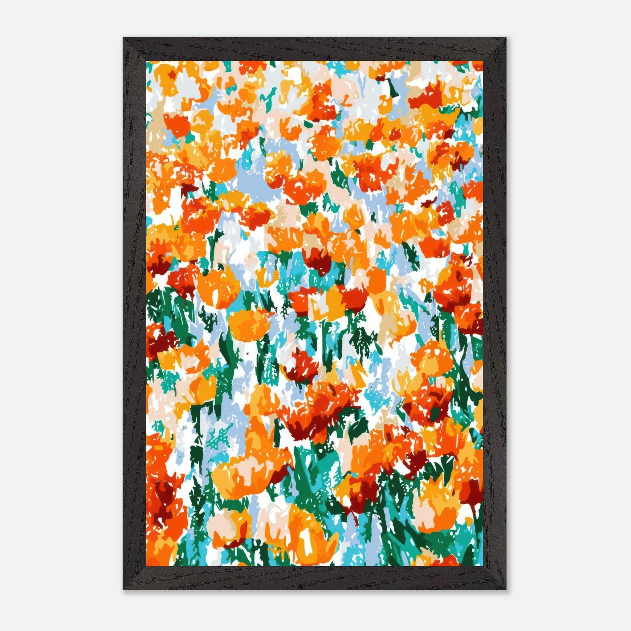 Vibrant abstract floral art of orange and red tulips in a lively garden scene, perfect for home decor.